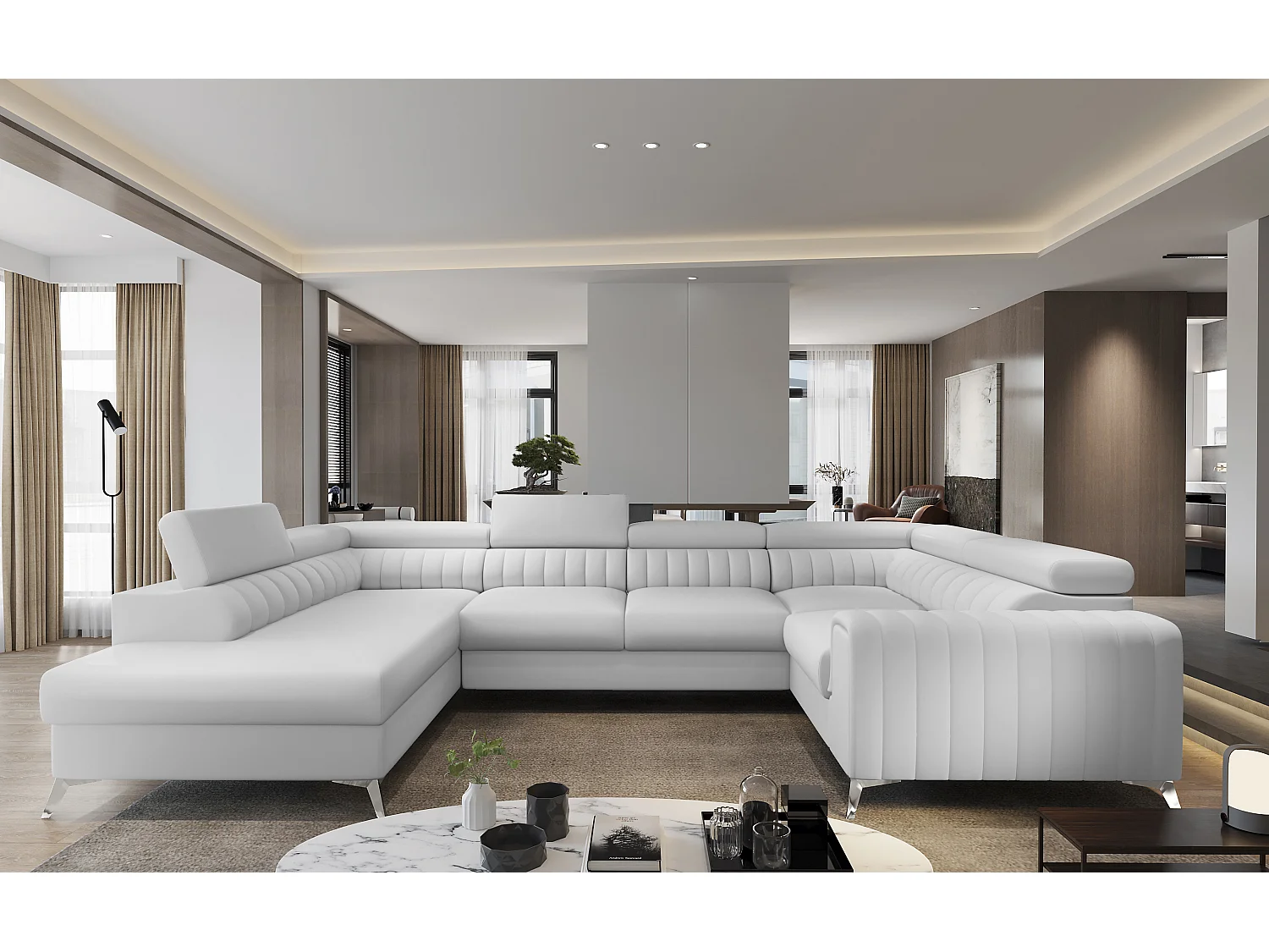 Louve panoramische slaapbank in wit kunstleer met opbergdoos 340 cm-Opslagruimte naar links