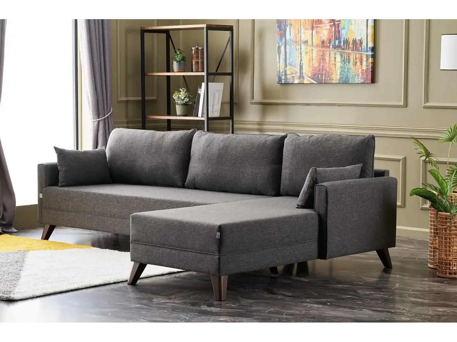 Canapé d'angle droit 5 places tissu gris foncé Kandy 275cm