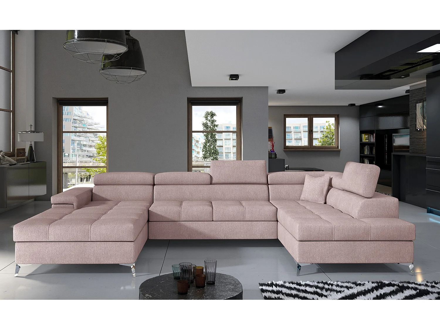 Panoramische bank lichtroze stoffen opbergbox rechts Kutty 345 cm