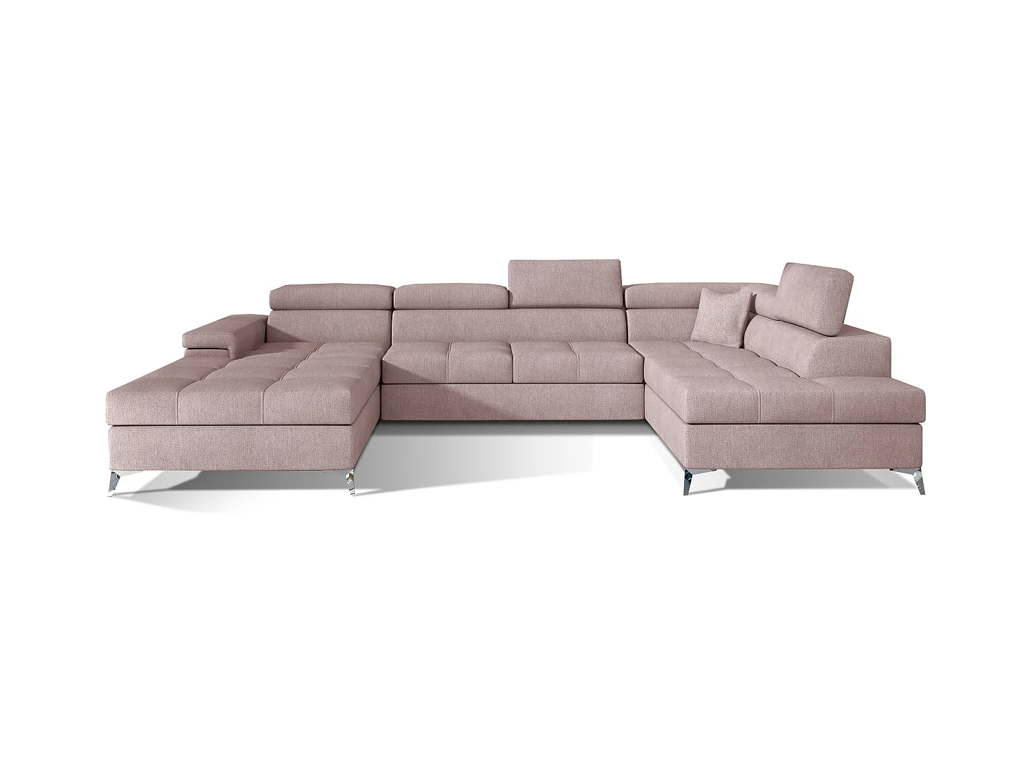 Canapé panoramique tissu rose clair coffre de rangement à droite Kutty 345cm