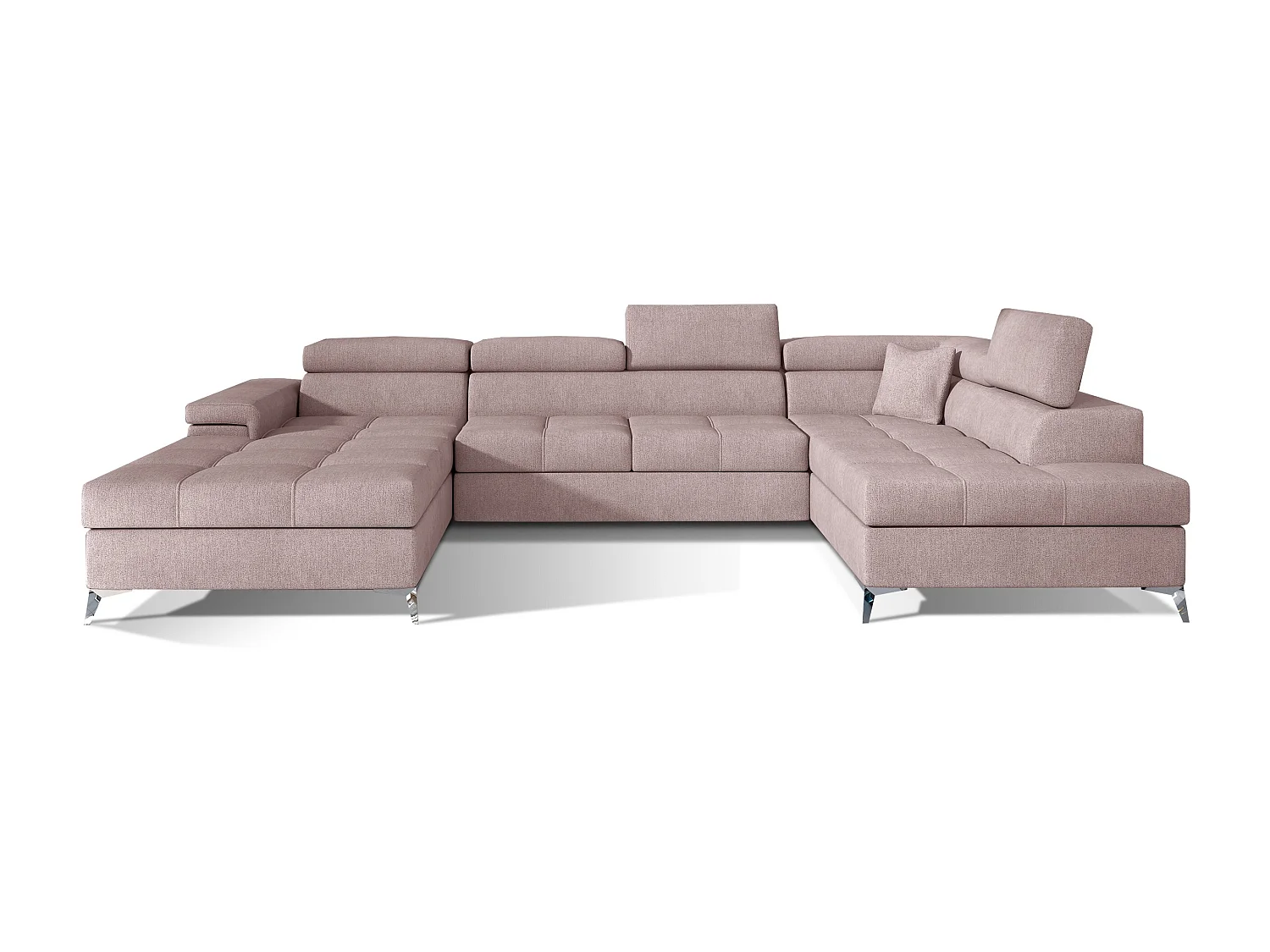 Canapé panoramique tissu rose clair coffre de rangement à droite Kutty 345cm