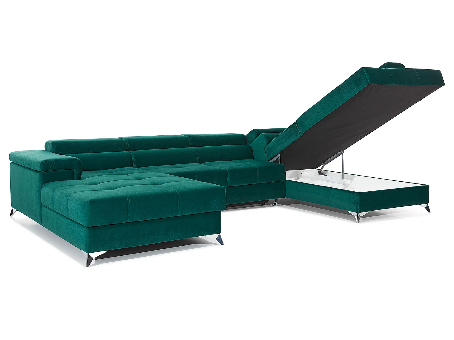 Canapé panoramique tissu rose clair coffre de rangement à droite Kutty 345cm