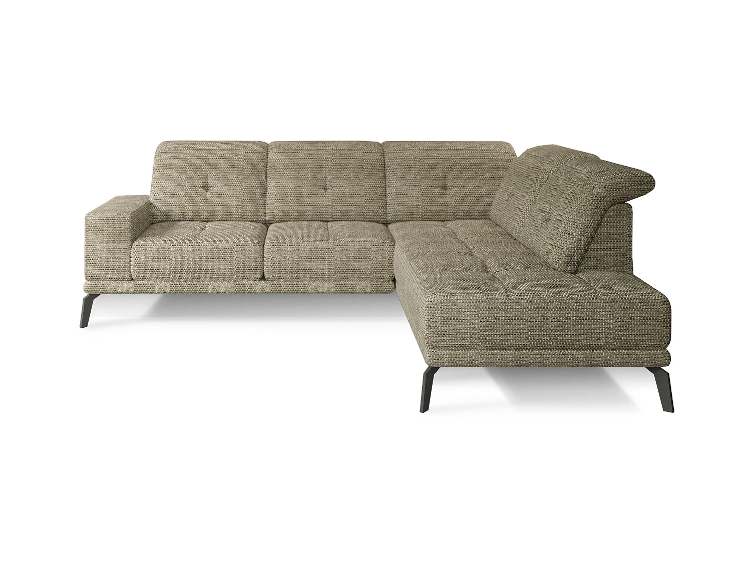 Canapé d'angle droit design matelassé tissu beige chiné et pied noir Kazane 275cm