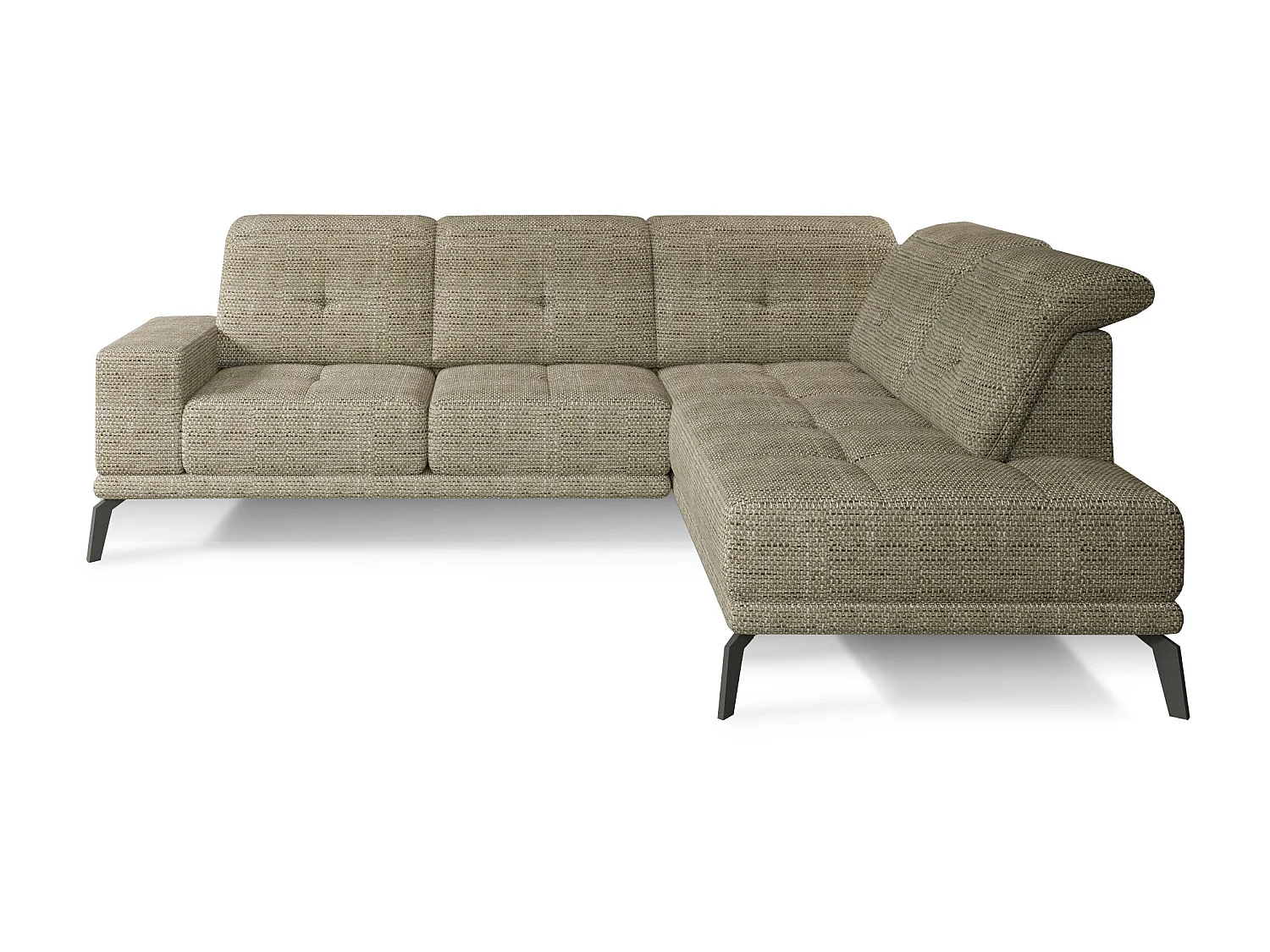 Canapé d'angle droit design matelassé tissu beige chiné et pied noir Kazane 275cm