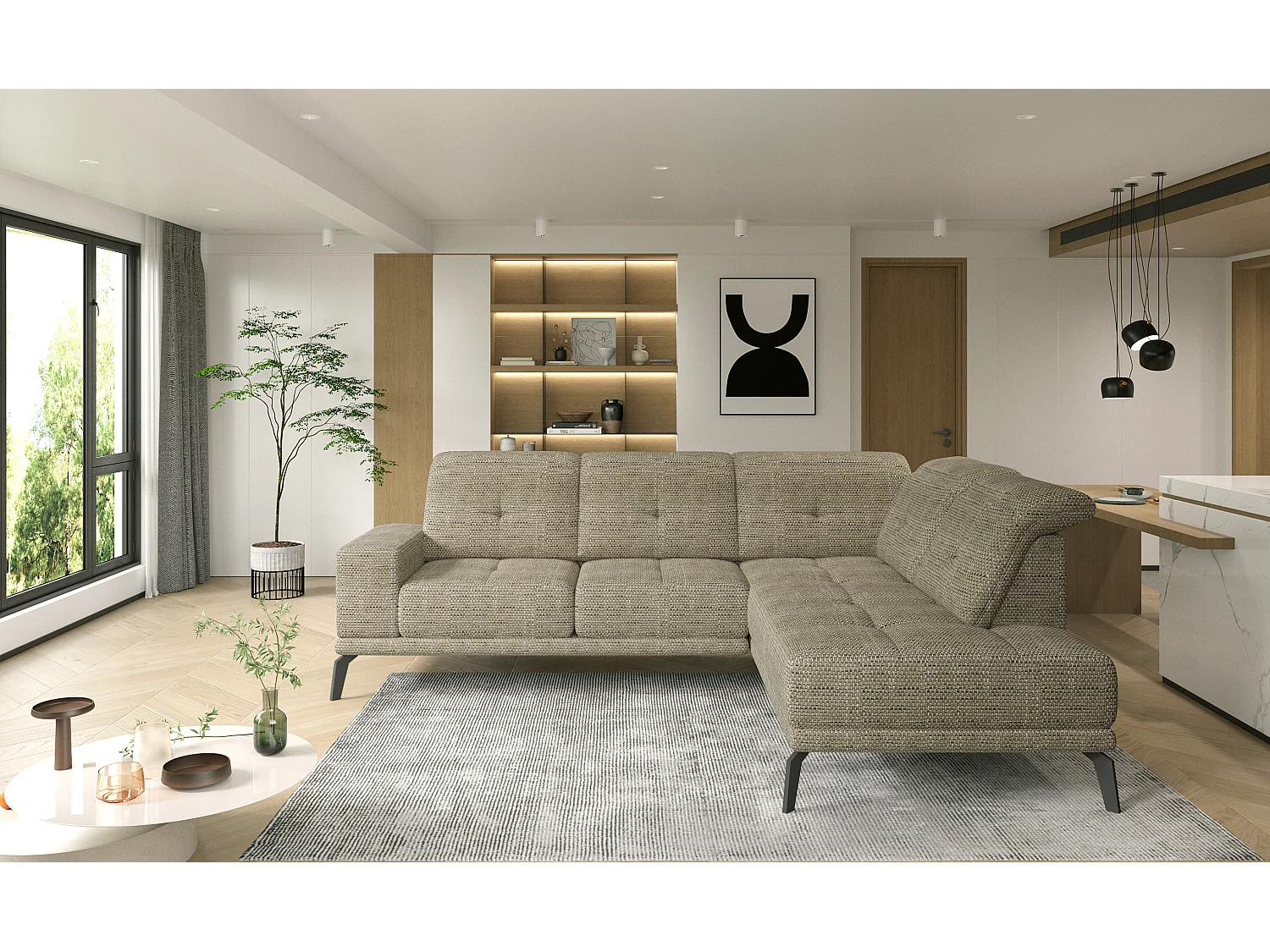 Canapé d'angle droit design matelassé tissu beige chiné et pied noir Kazane 275cm