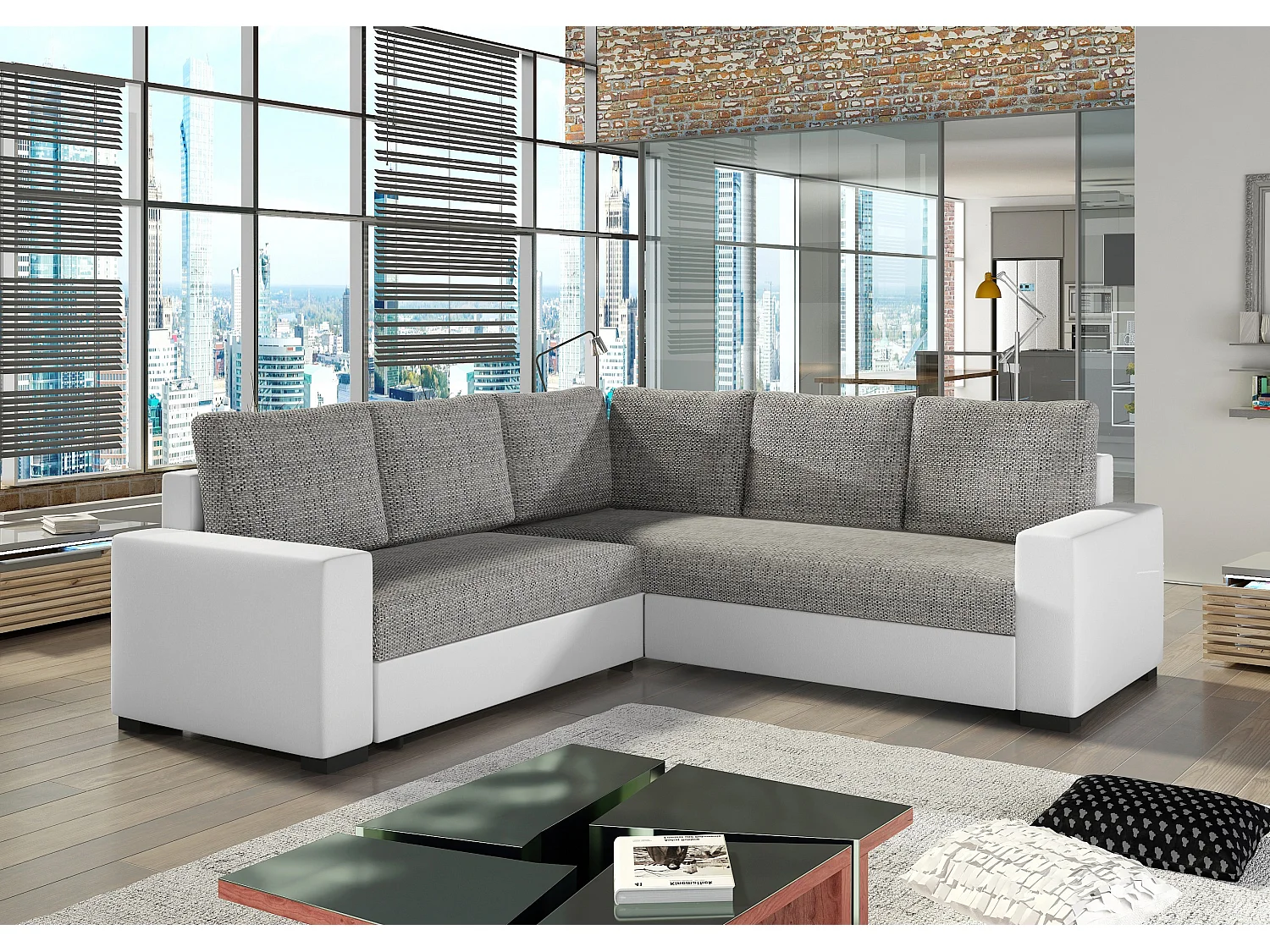 Canapé d'angle convertible simili blanc et tissu gris clair chiné Travor 235cm