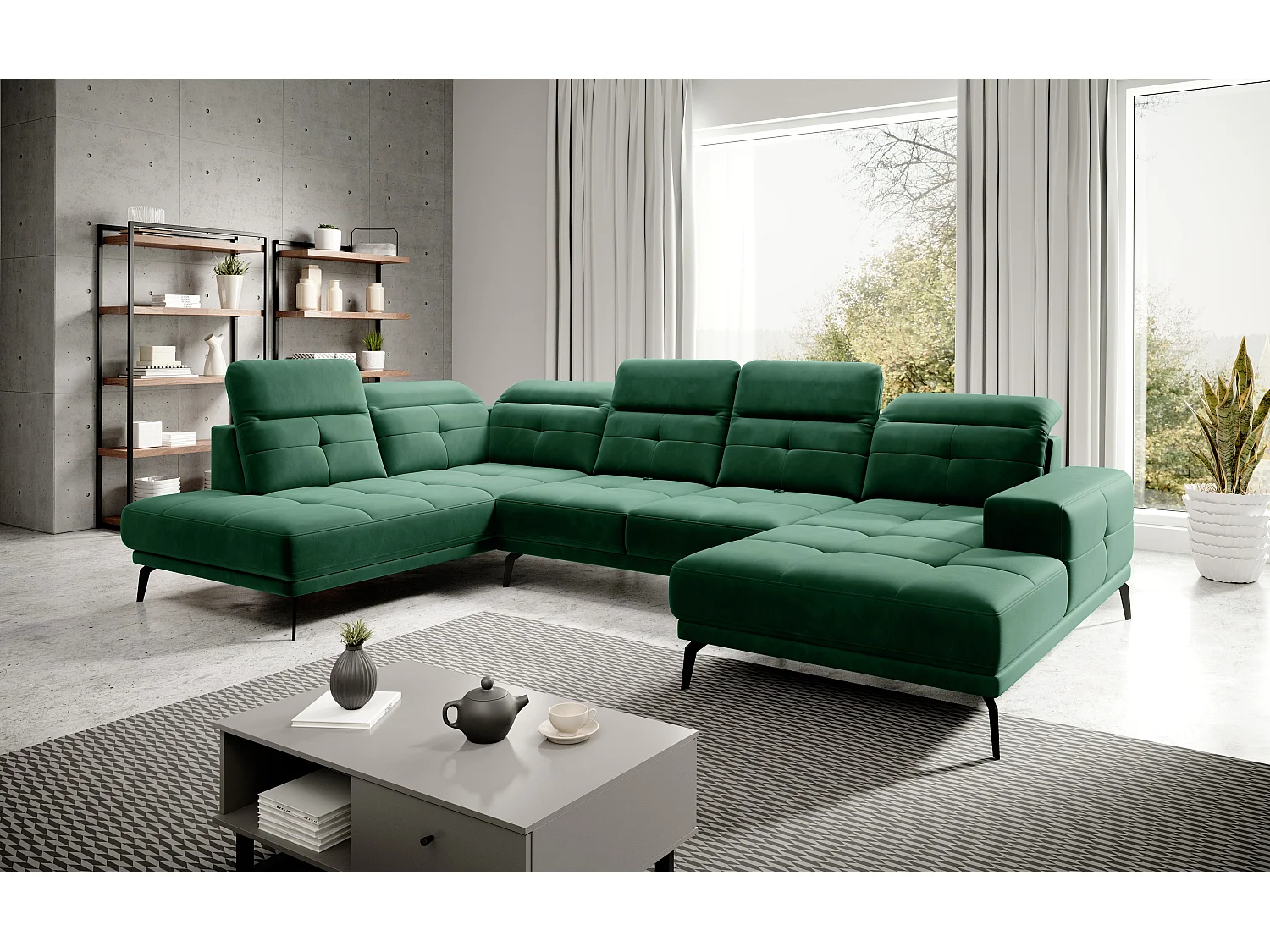 Canapé panoramique moderne tissu vert foncé têtières angle gauche Versus 350cm