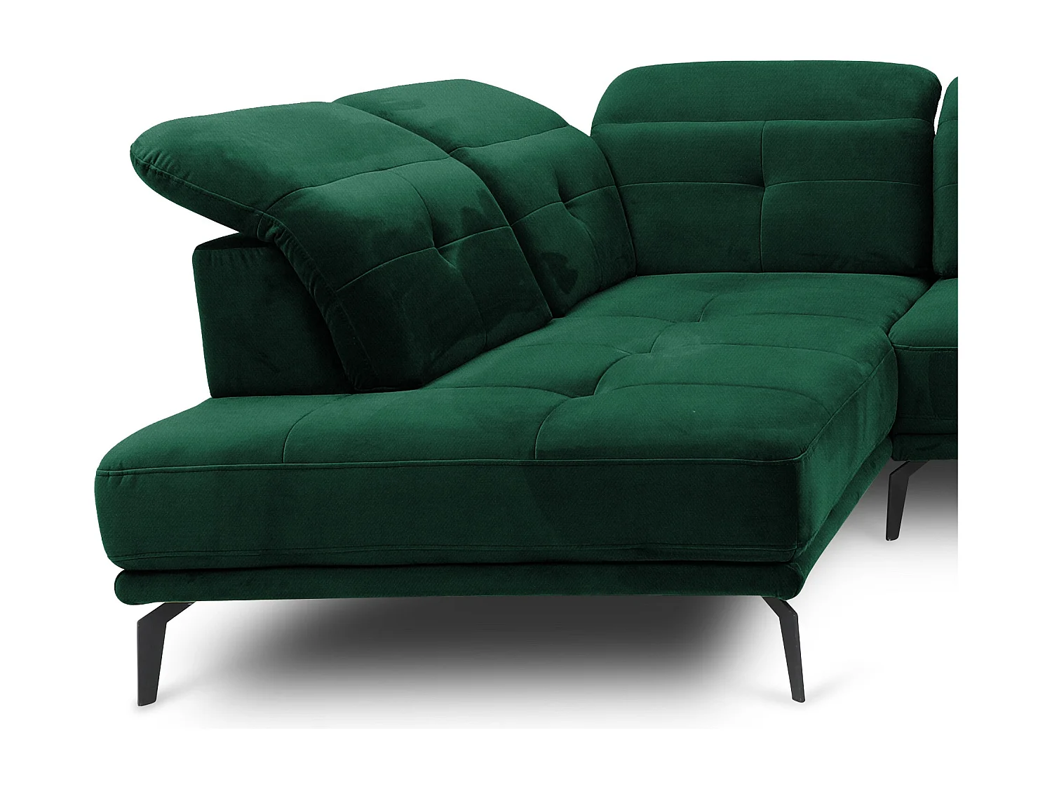 Canapé panoramique moderne tissu vert foncé têtières angle gauche Versus 350cm