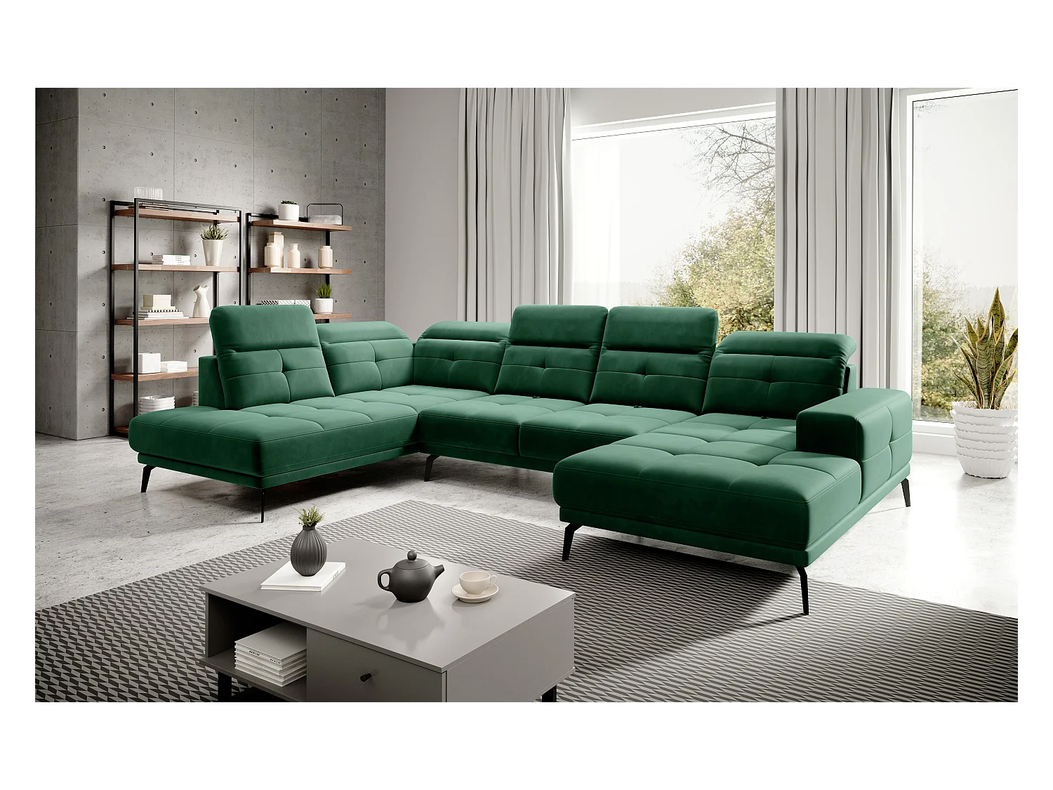 Moderne panoramische bank donkergroene stof linkerhoek hoofdsteunen Versus 350 cm