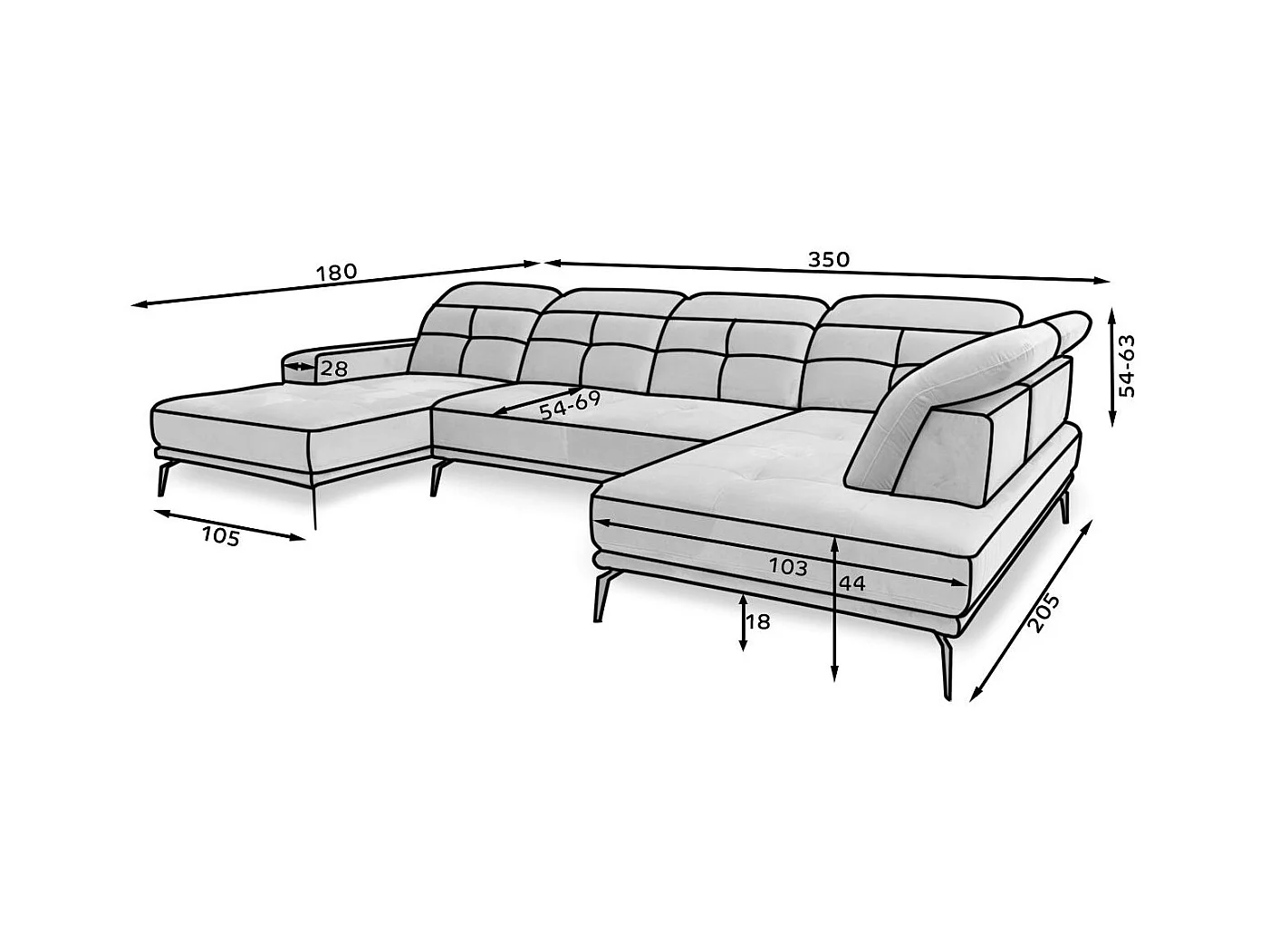Moderne panoramische bank donkergroene stof linkerhoek hoofdsteunen Versus 350 cm
