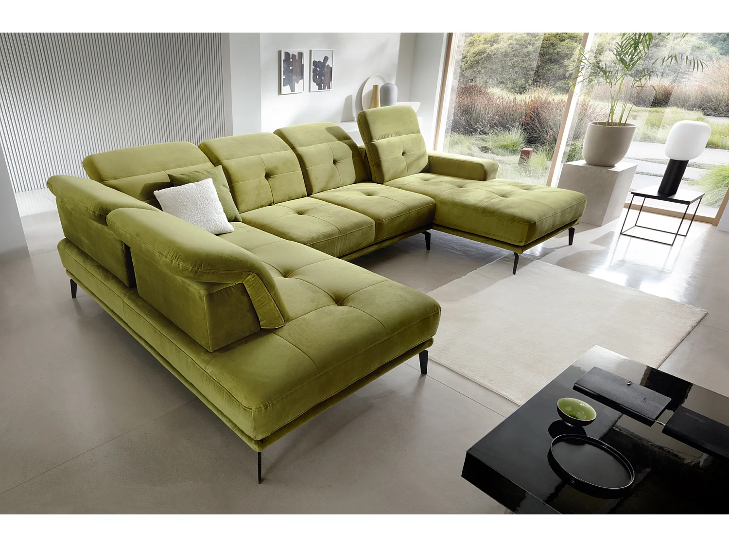 Canapé panoramique moderne tissu vert foncé têtières angle gauche Versus 350cm