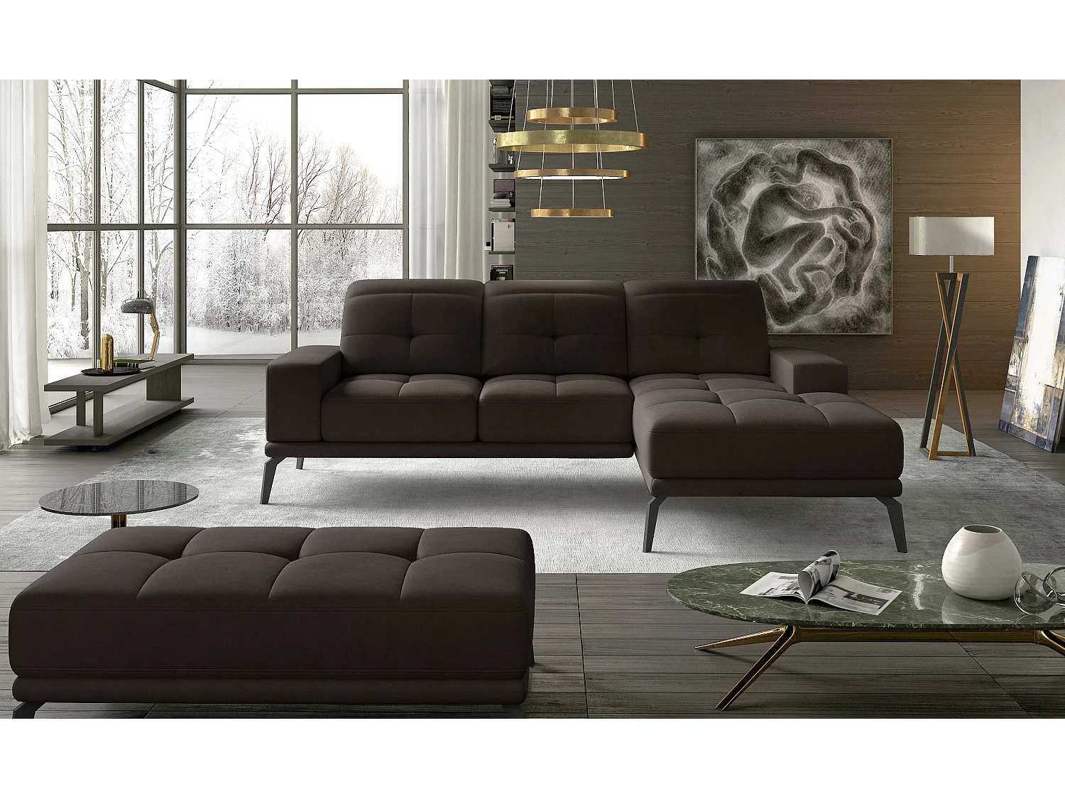 Rechterhoekbank 5 zits bruin fluweel Torpille 265 cm