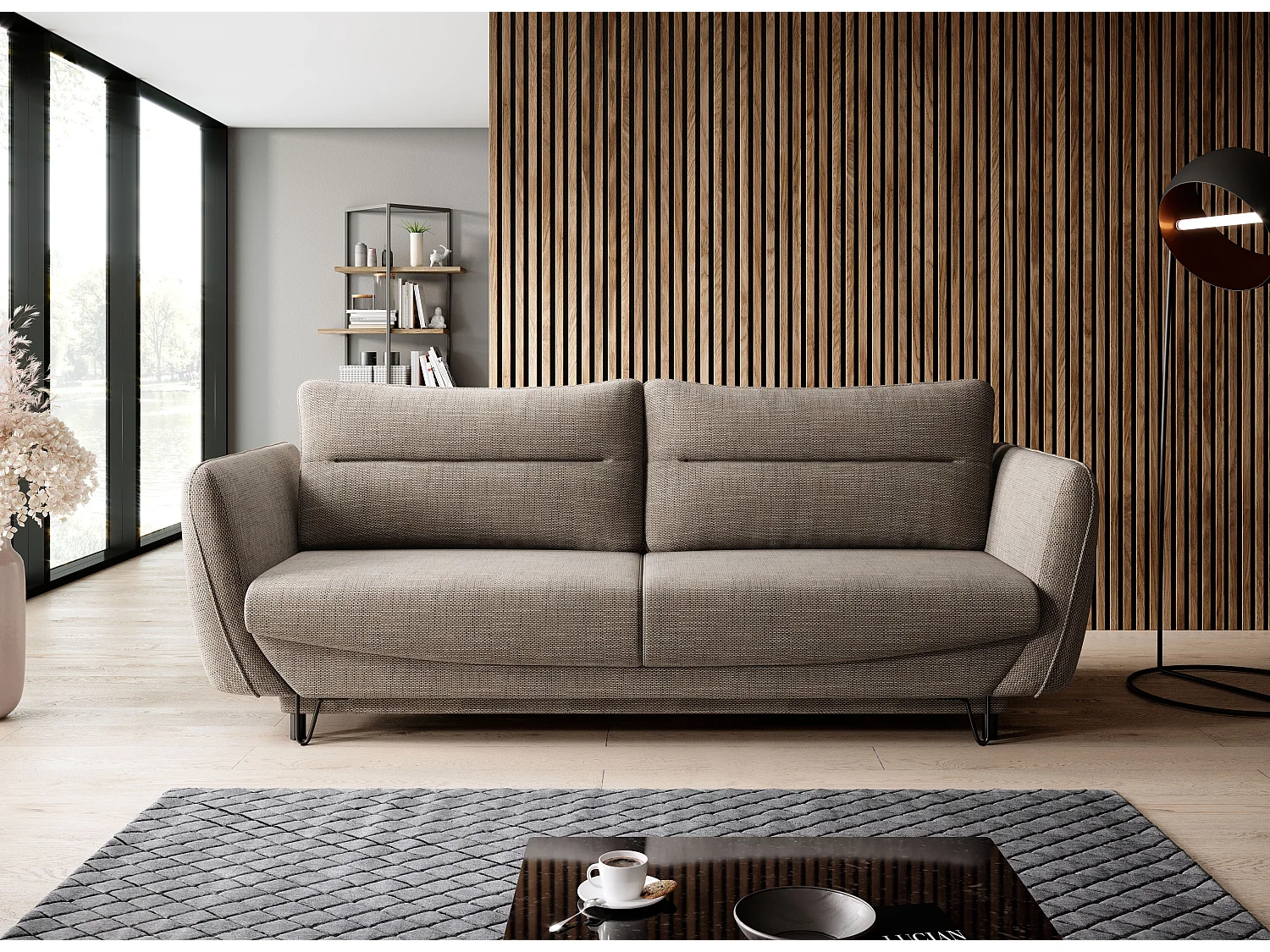 Sofá convertible recto de tela ZURIK - Caja de almacenaje y patas de metal negro-Color Beige jaspeado