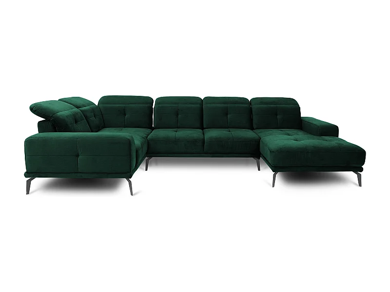 Canapé panoramique design tissu vert foncé têtières angle gauche avec accoudoir Stan 350cm