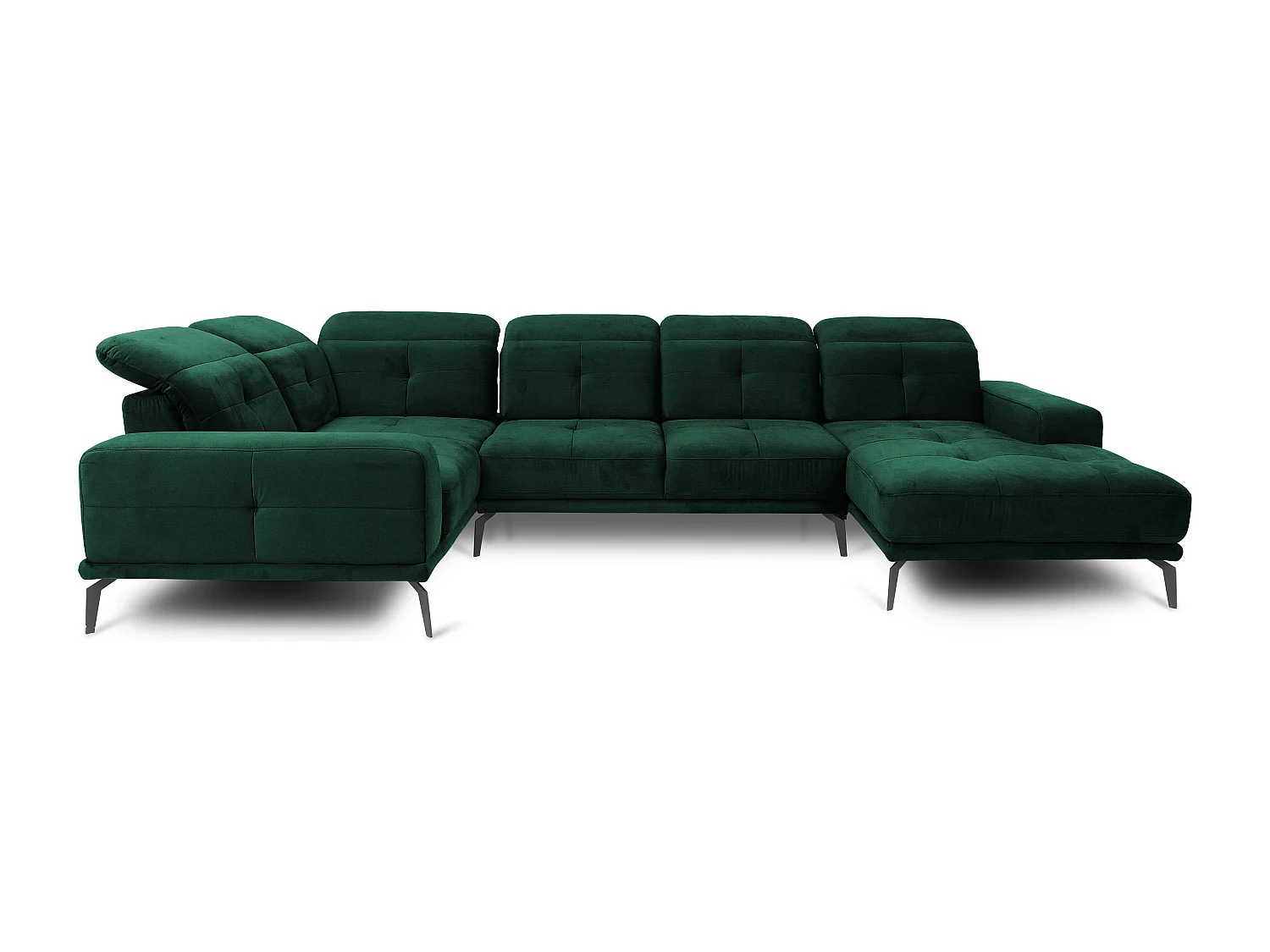 Canapé panoramique design tissu vert foncé têtières angle gauche avec accoudoir Stan 350cm