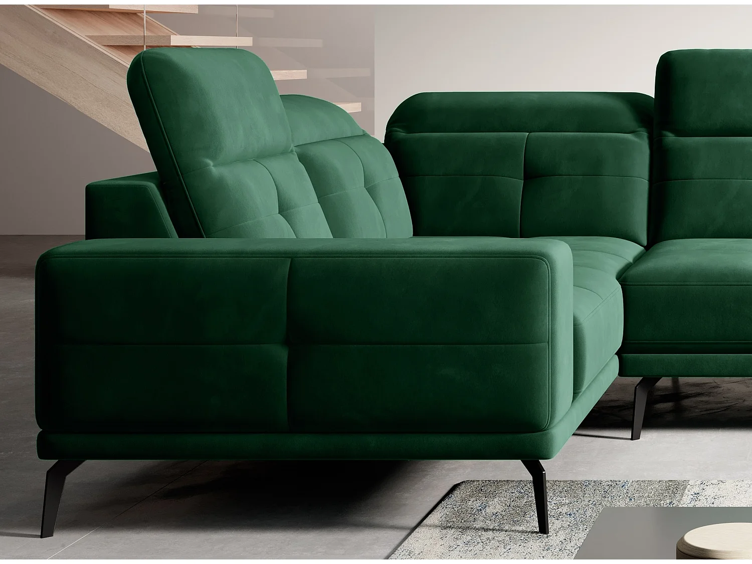 Canapé panoramique design tissu vert foncé têtières angle gauche avec accoudoir Stan 350cm