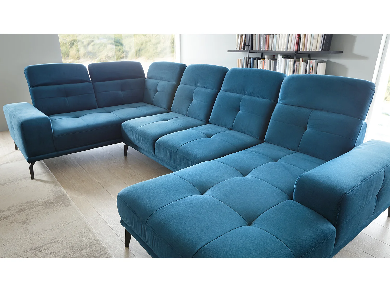 Canapé panoramique design tissu vert foncé têtières angle gauche avec accoudoir Stan 350cm