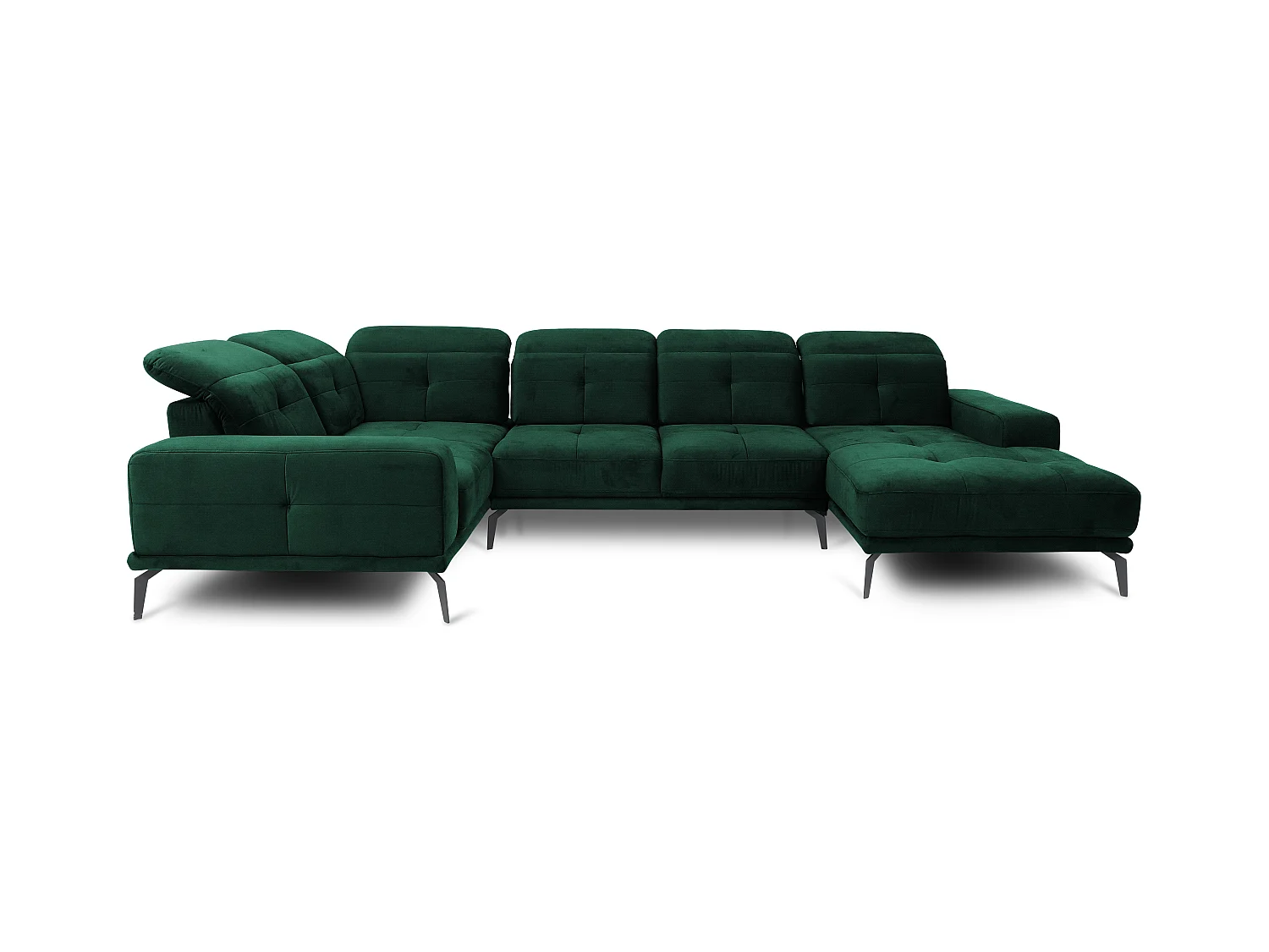 Canapé panoramique design tissu vert foncé têtières angle gauche avec accoudoir Stan 350cm