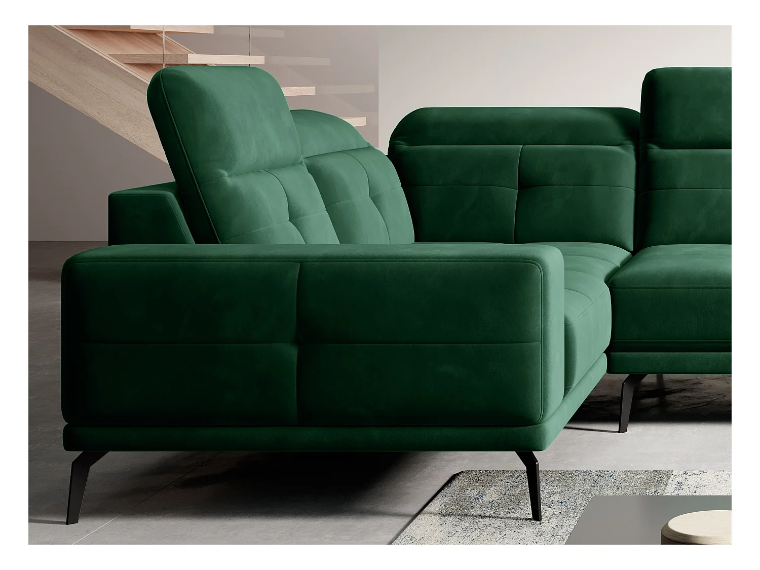 Panoramische designbank in donkergroene stof hoofdsteunen linkerhoek met Stan armleuning 350 cm