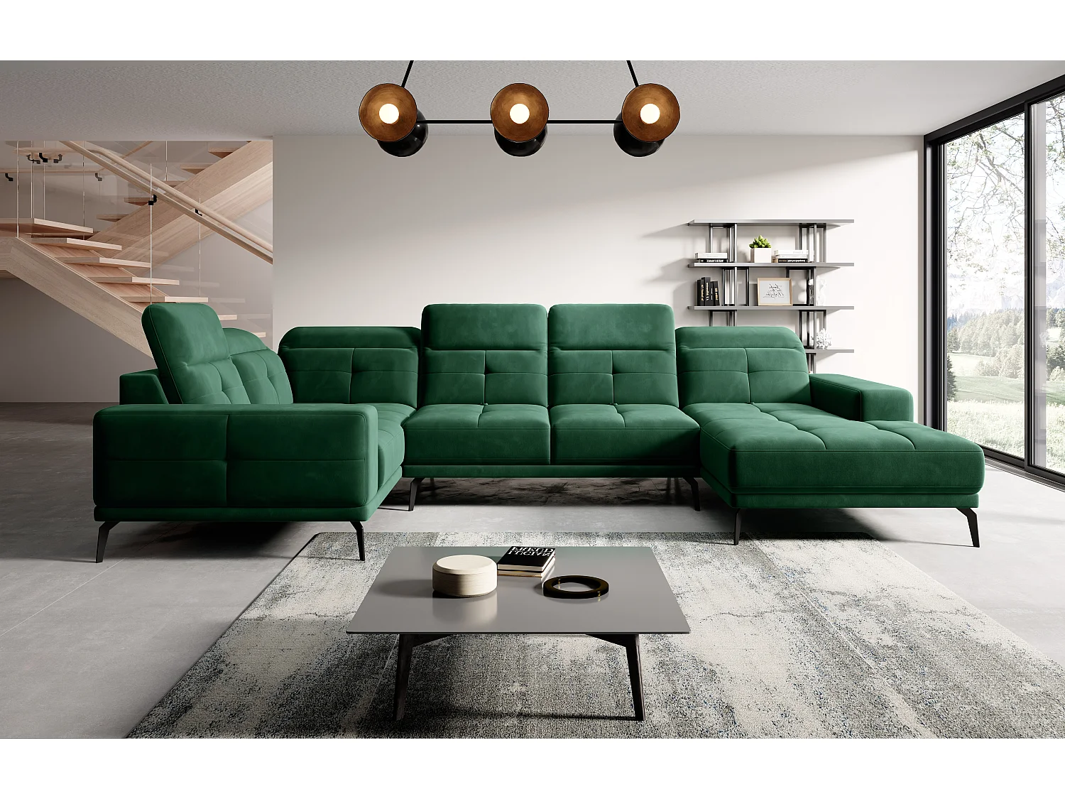 Canapé panoramique design tissu vert foncé têtières angle gauche avec accoudoir Stan 350cm