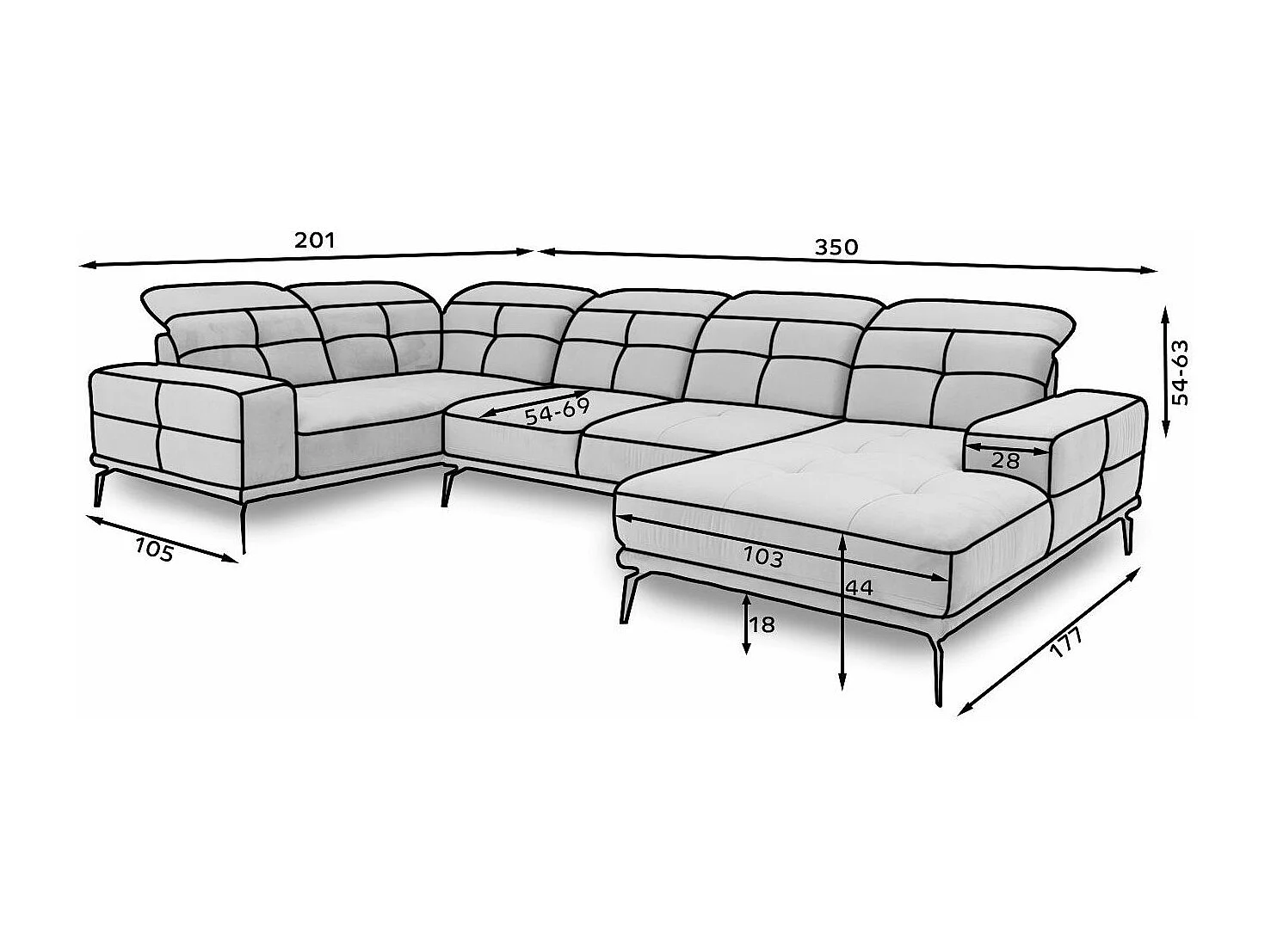 Canapé panoramique design tissu vert foncé têtières angle gauche avec accoudoir Stan 350cm