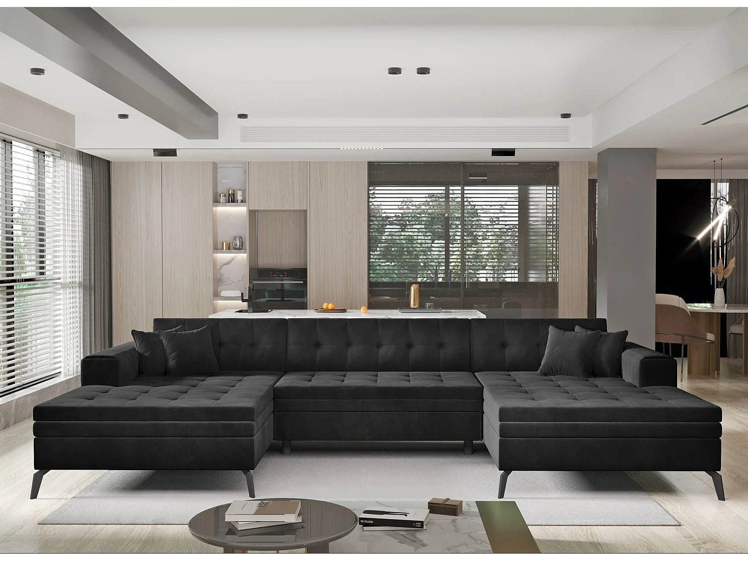 Canapé panoramique convertible tissu capitonné noir Romy 350cm