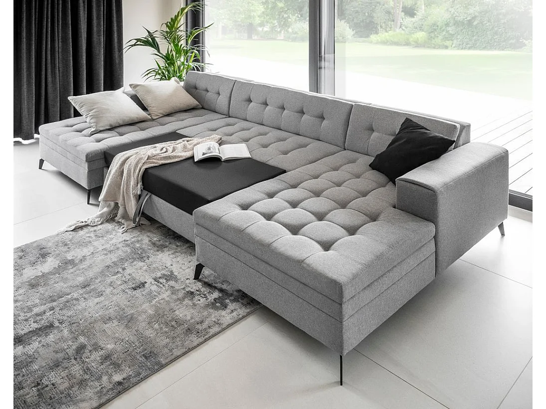 Canapé panoramique convertible tissu capitonné noir Romy 350cm