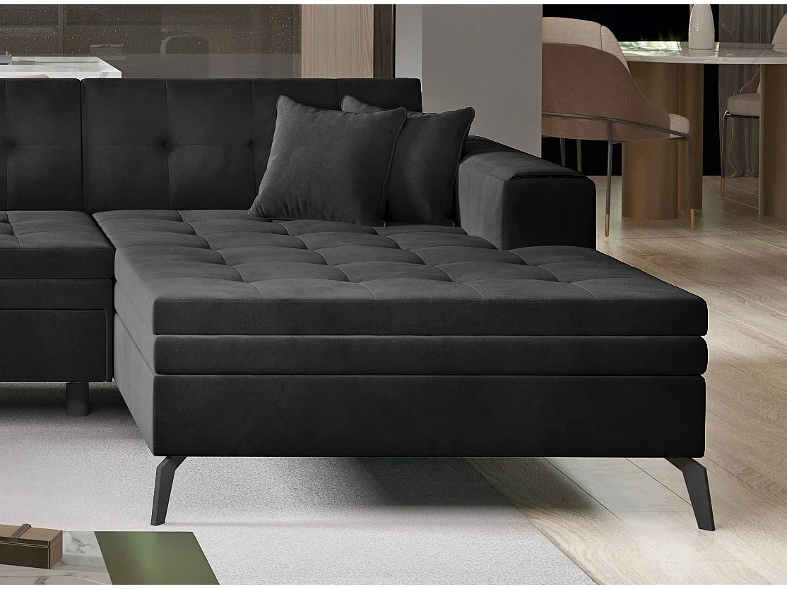 Canapé d'angle panoramique convertible 5 places en tissu capitonné noir ROMY