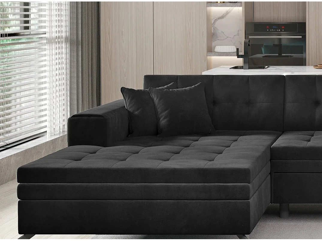 Canapé d'angle panoramique convertible 5 places en tissu capitonné noir ROMY