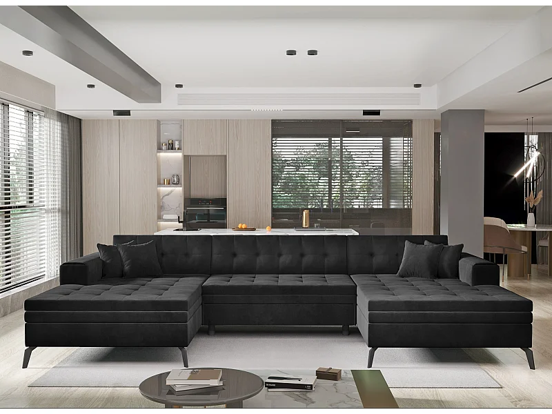 Panoramische slaapbank in zwart gewatteerde stof Romy 350 cm