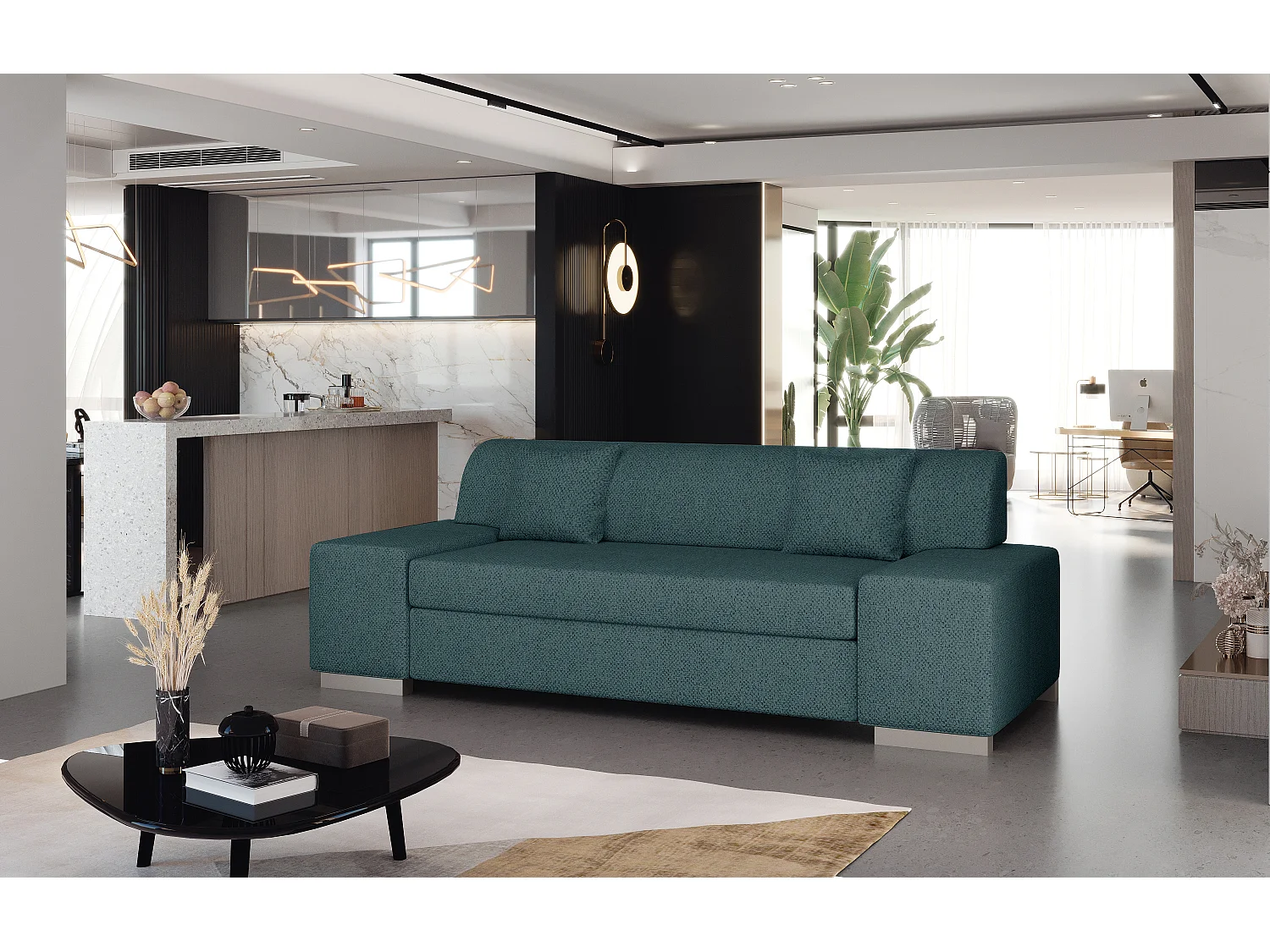 Canapé minimaliste 3-4 places tissu bleu Plazo 210cm