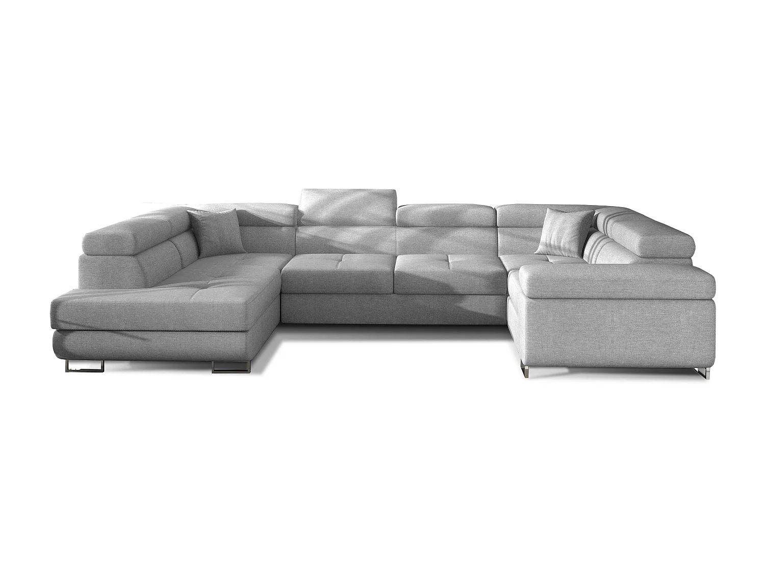 Linker U-slaapbank in lichtgrijze stof met Tovy opbergdoos 340 cm