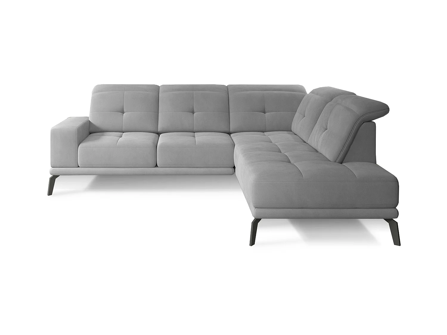 Canapé d'angle droit design matelassé tissu doux brillant gris clair et pied noir Kazane 275cm
