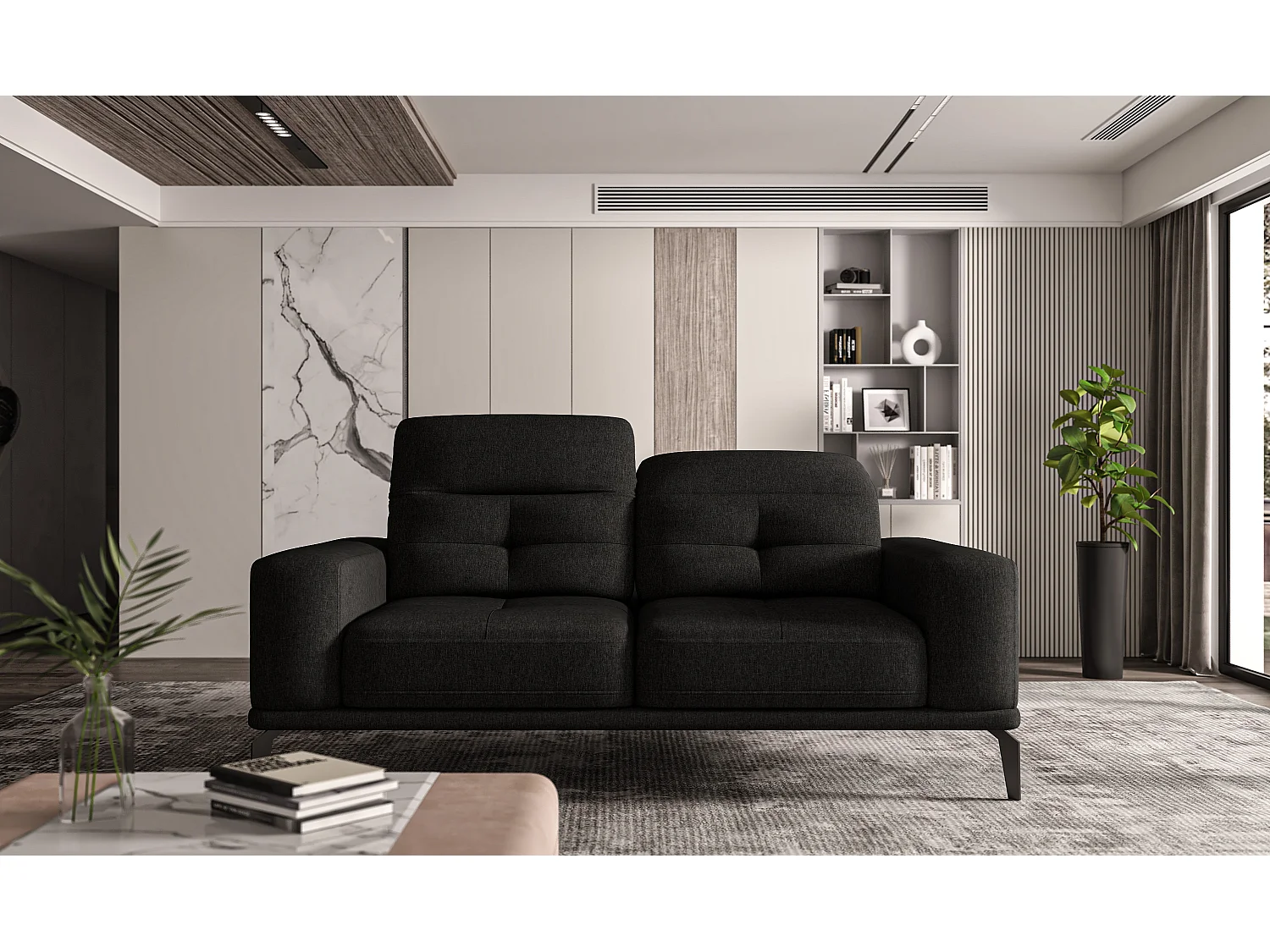 Canapé droit design 2-3 places tissu noir Torpille 195cm