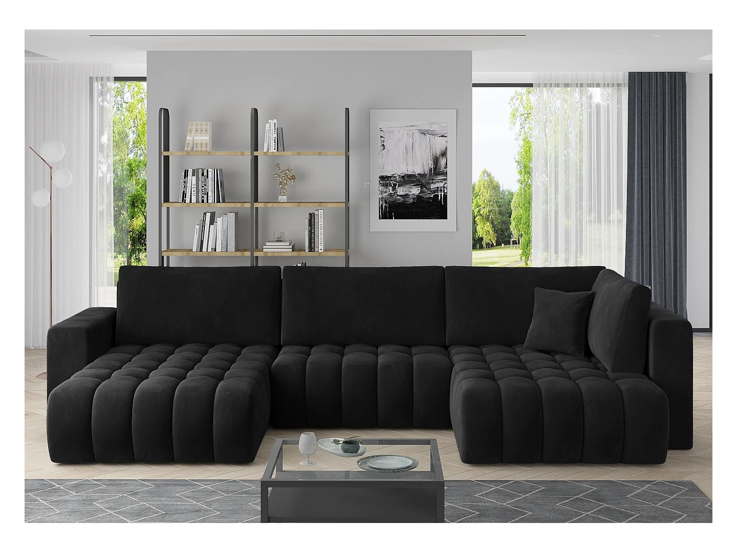 Canapé panoramique convertible design capitonné velours noir méridienne gauche Boston 350cm
