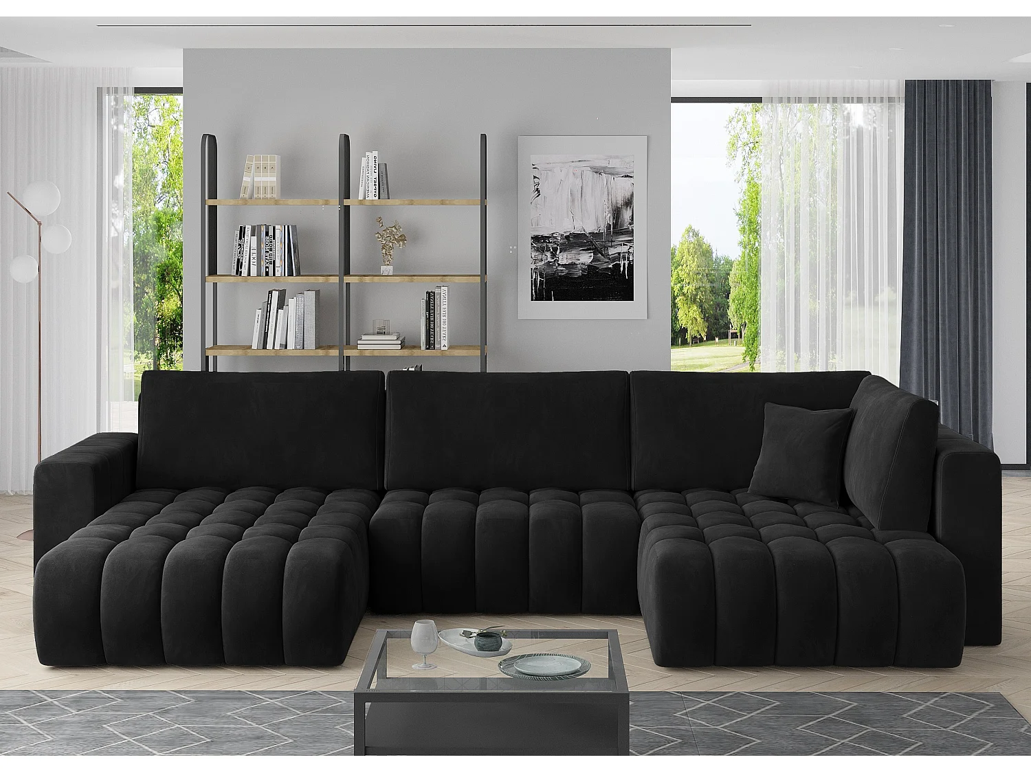 Canapé panoramique convertible design capitonné velours noir méridienne gauche Boston 350cm