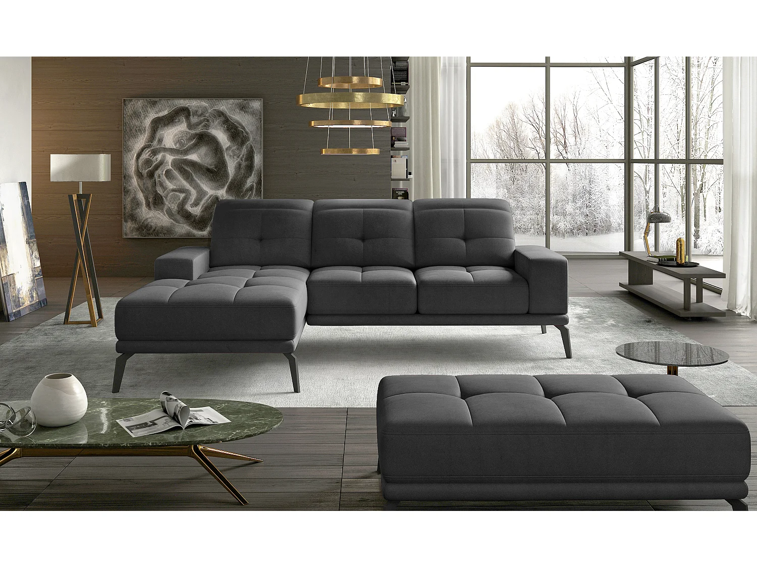 Canapé d'angle gauche 5 places velours gris foncé Torpille 265cm