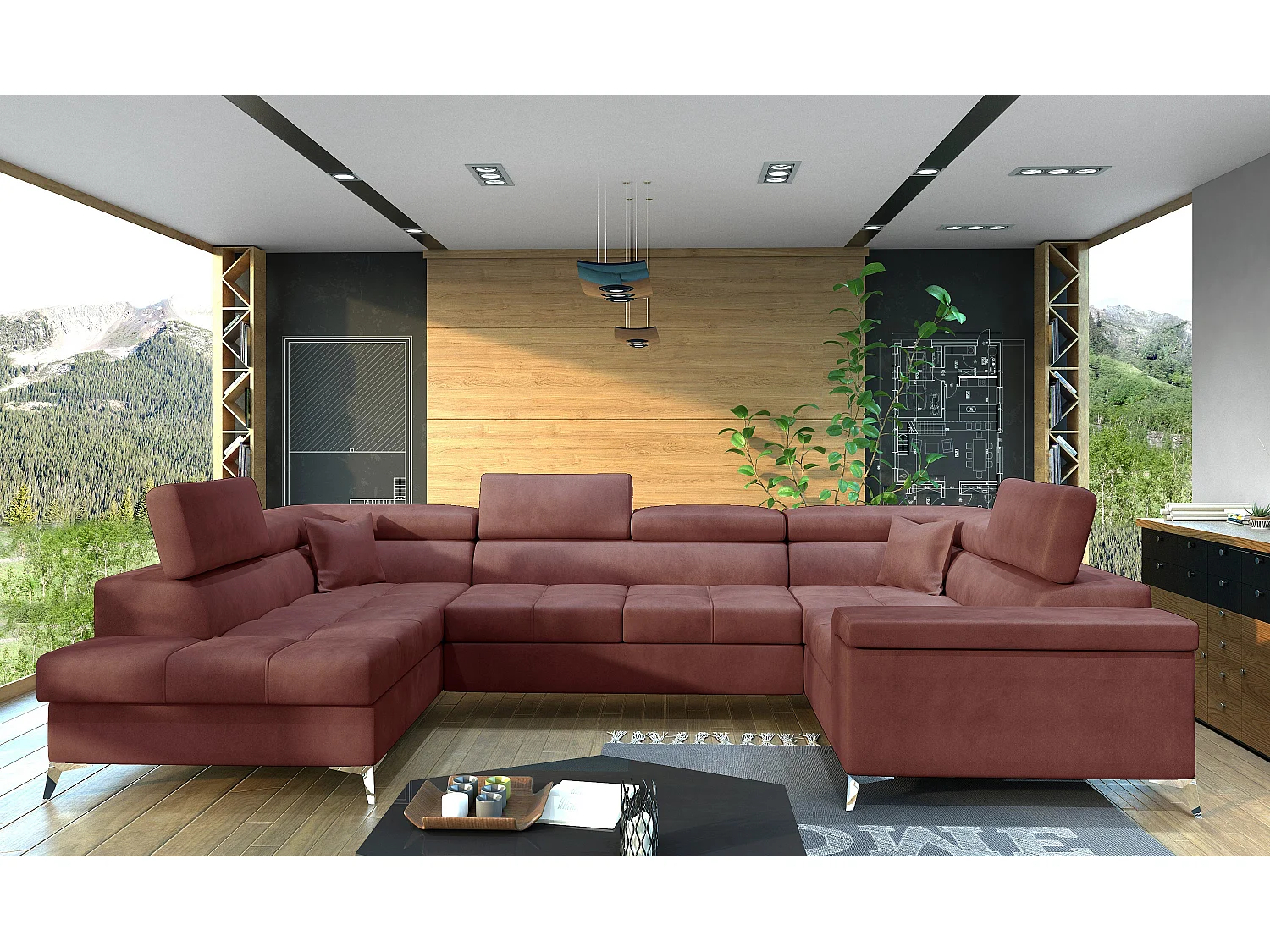 Canapé panoramique convertible velours rose cuivré avec coffre de rangement Triano 342cm-Coffre de rangement à gauche