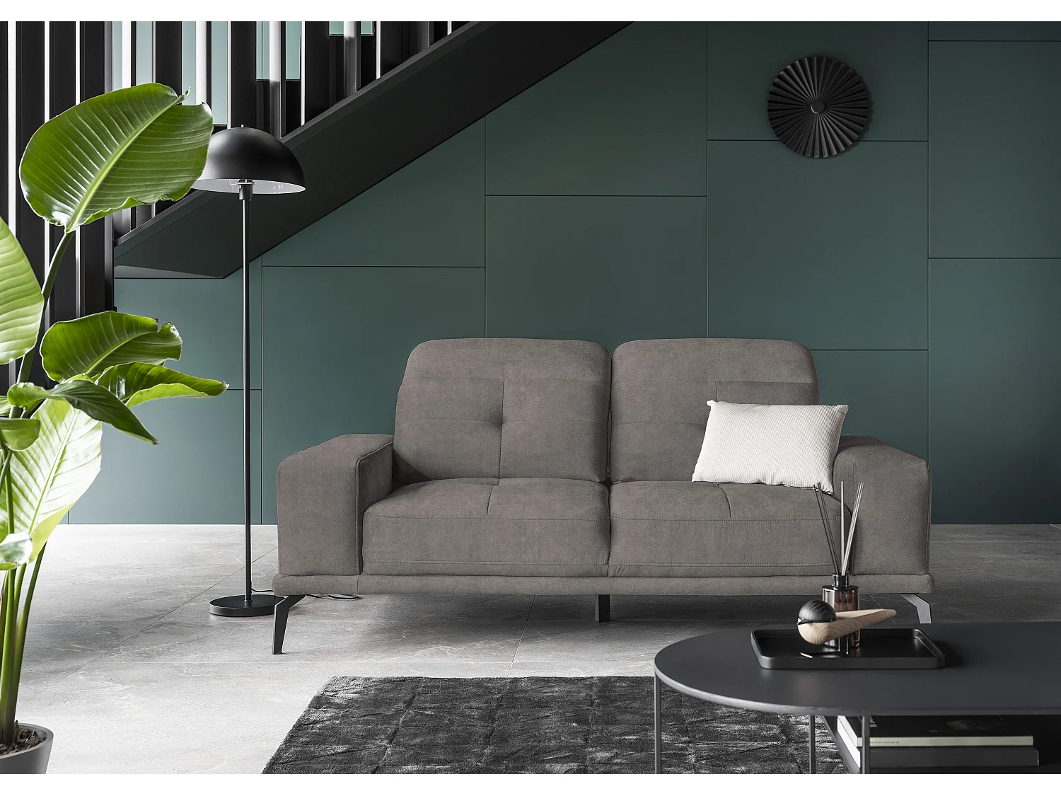 Canapé droit design 2-3 places tissu doux gris Torpille 195cm