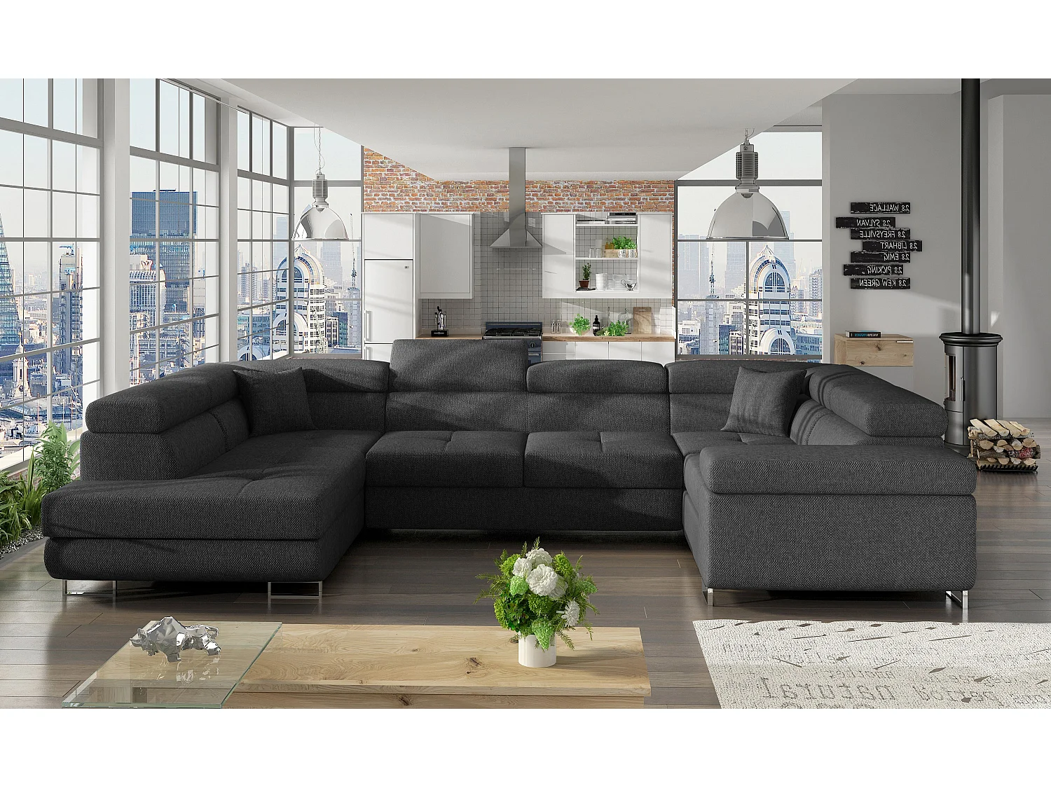 Linker U slaapbank in donkergrijze stof met Tovy opbergdoos 340 cm