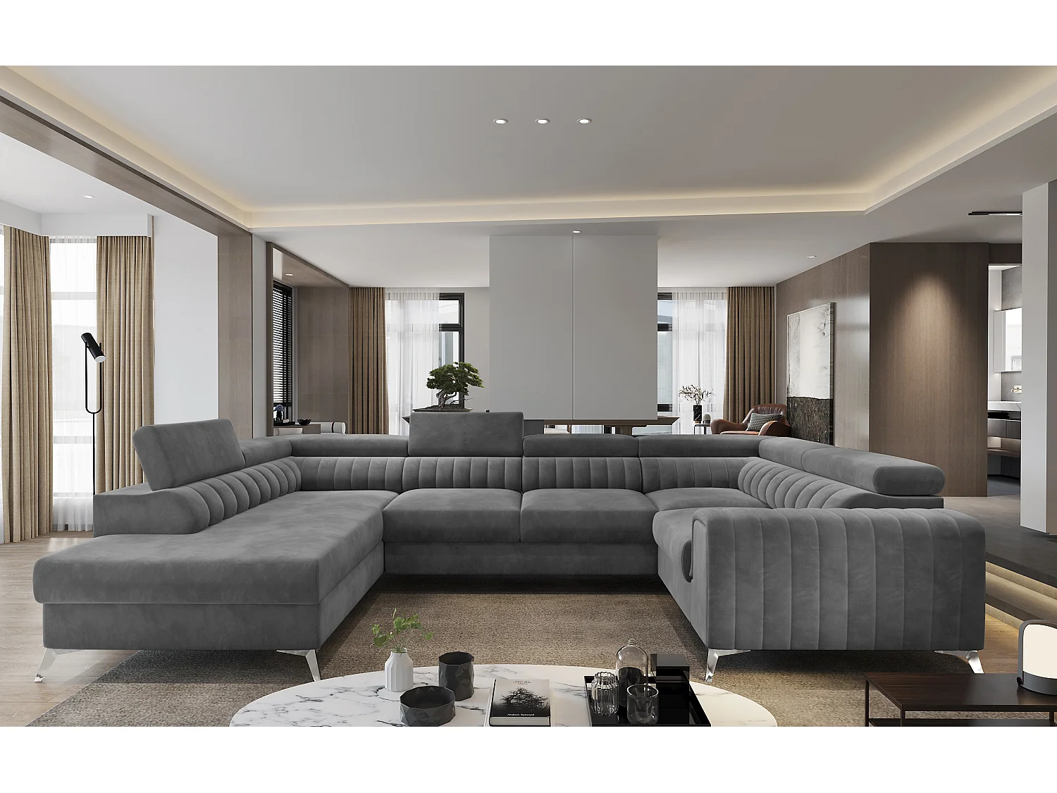 Canapé panoramique convertible velours gris foncé avec coffre de rangement Louve 340cm-Coffre de rangement à gauche