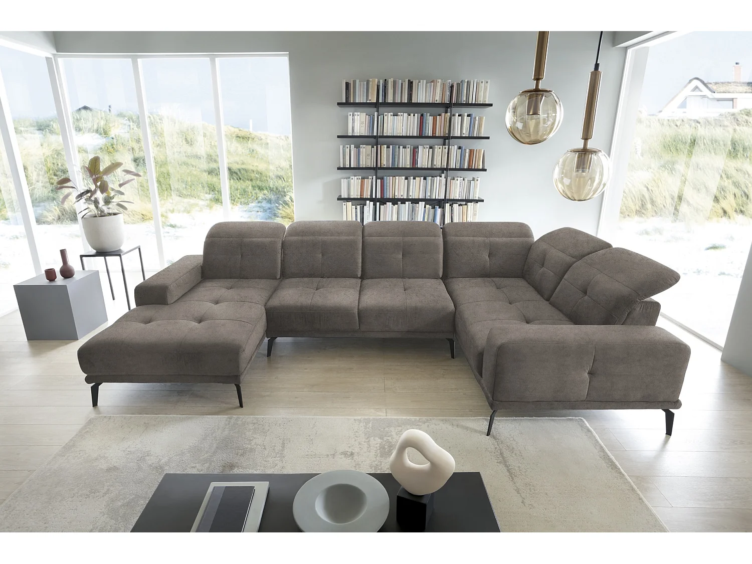 Meuse bruin fluwelen design panoramische bank haakse hoofdsteunen met Stan armleuning 350 cm