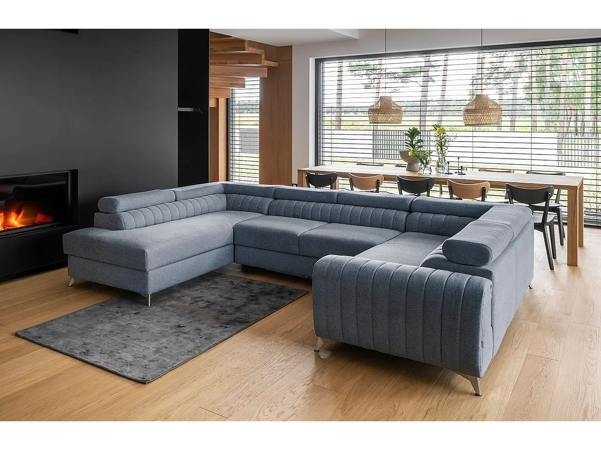 Canapé panoramique convertible tissu bleu charron avec coffre de rangement Louve 340cm-Coffre de rangement à gauche