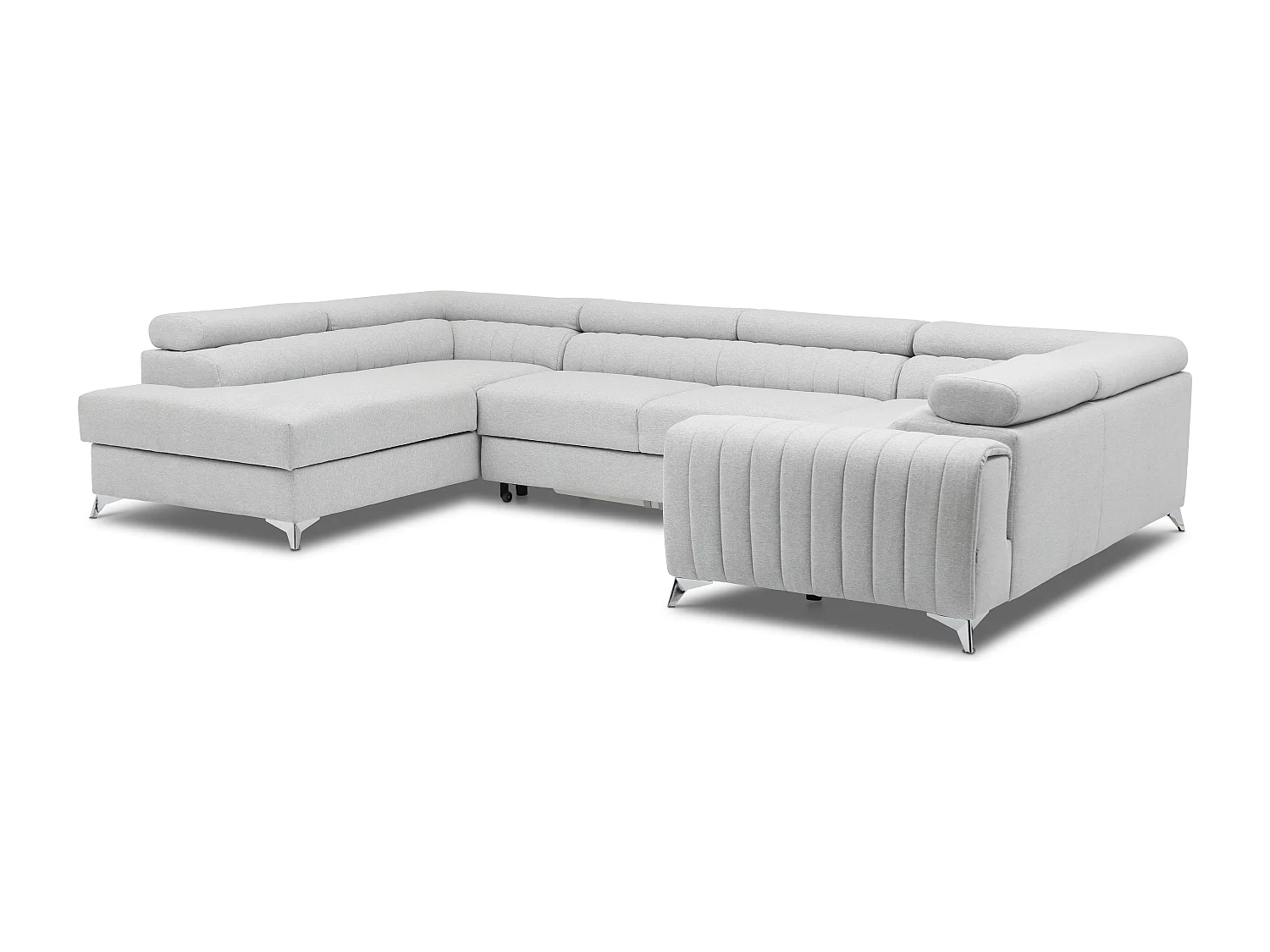Canapé panoramique convertible tissu bleu charron avec coffre de rangement Louve 340cm-Coffre de rangement à gauche