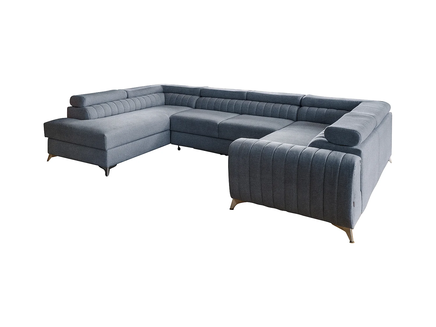 Canapé panoramique convertible tissu bleu charron avec coffre de rangement Louve 340cm-Coffre de rangement à gauche