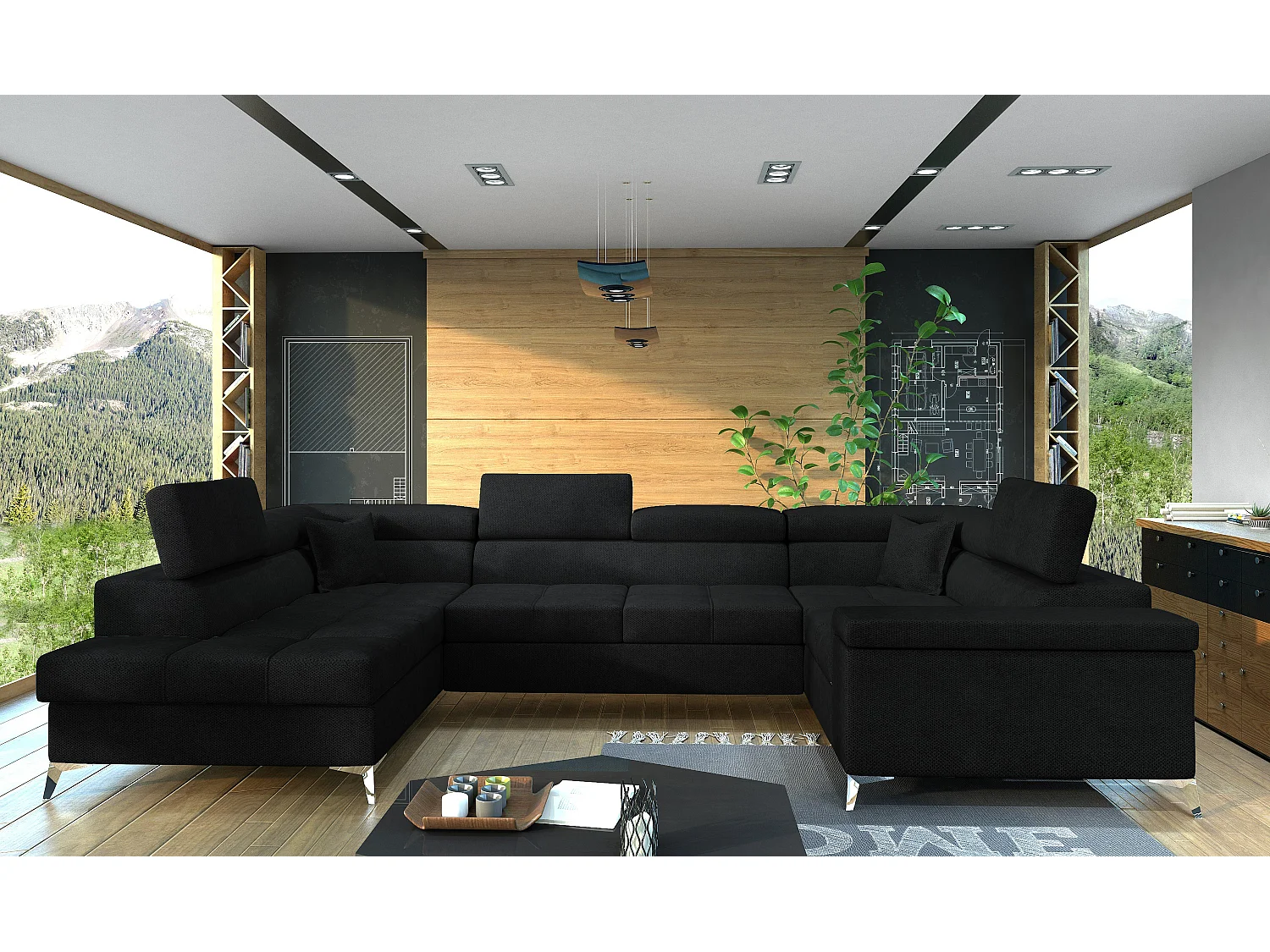 Zwart fluwelen panoramische converteerbare bank met Triano opbergbox 342 cm-Opslagruimte naar links