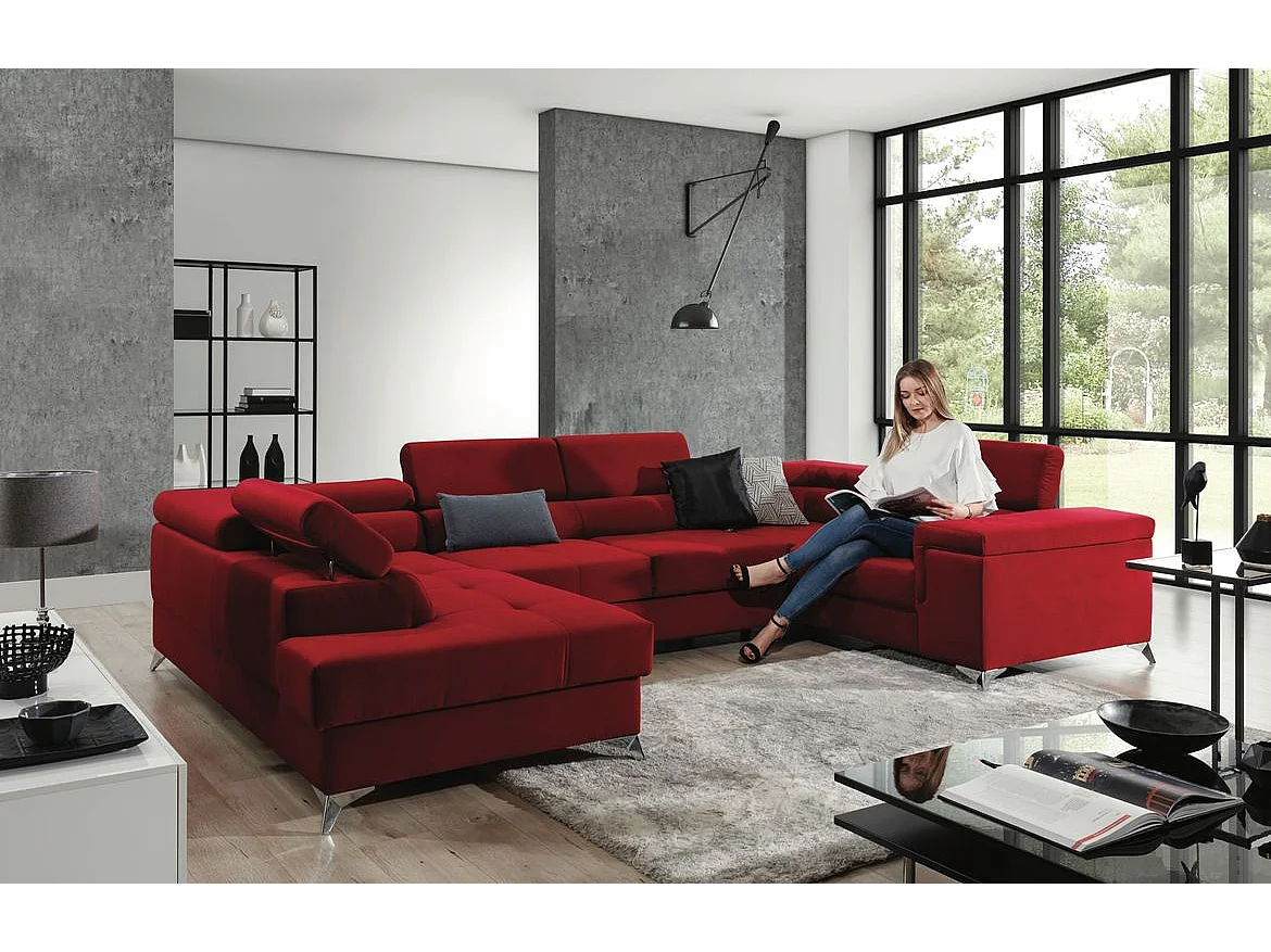 Zwart fluwelen panoramische converteerbare bank met Triano opbergbox 342 cm-Opslagruimte naar links