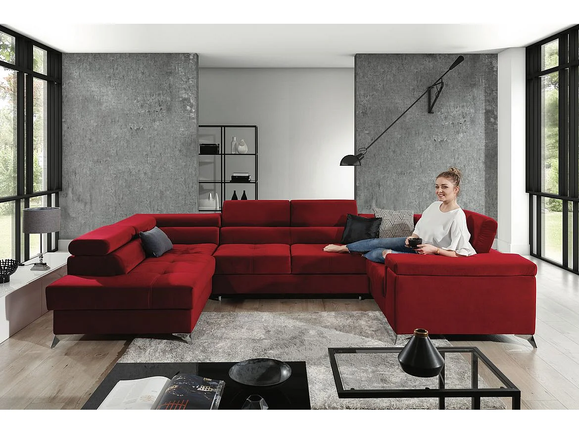 Zwart fluwelen panoramische converteerbare bank met Triano opbergbox 342 cm-Opslagruimte naar links