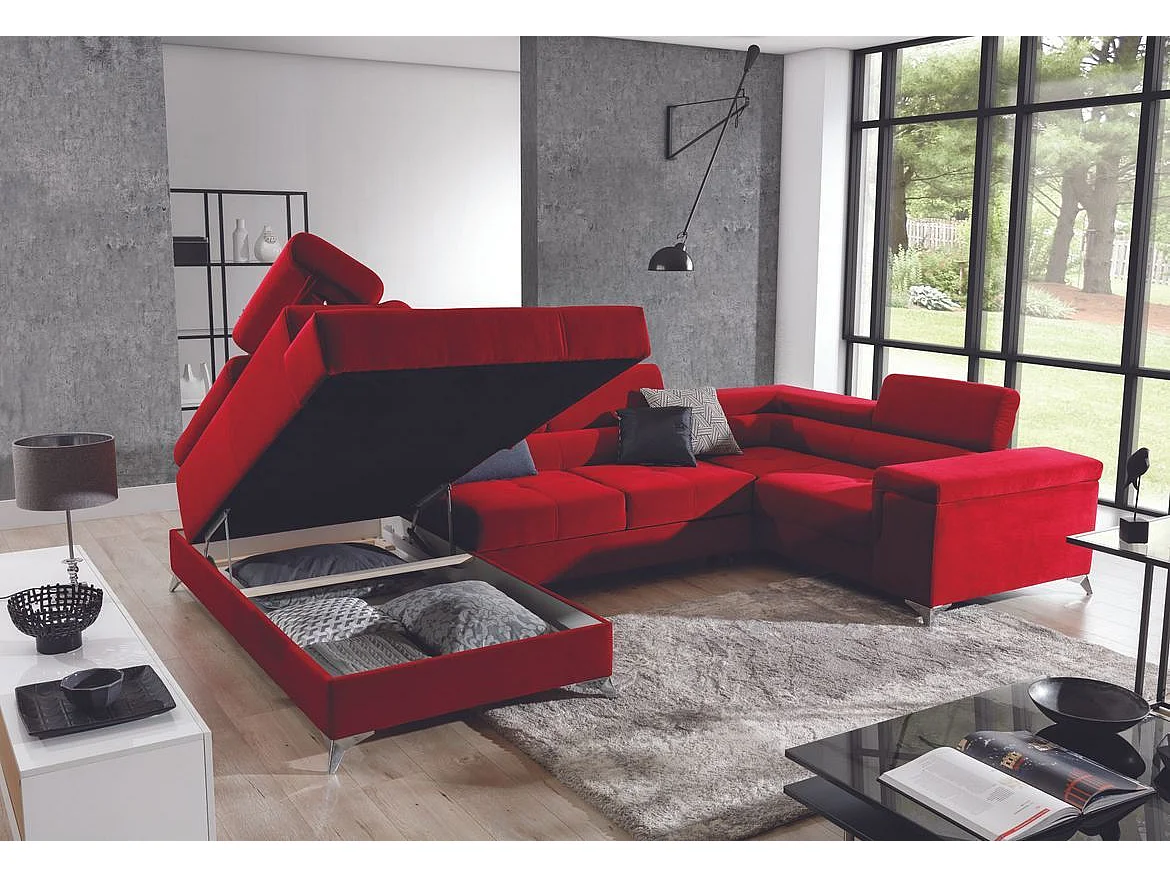 Zwart fluwelen panoramische converteerbare bank met Triano opbergbox 342 cm-Opslagruimte naar links