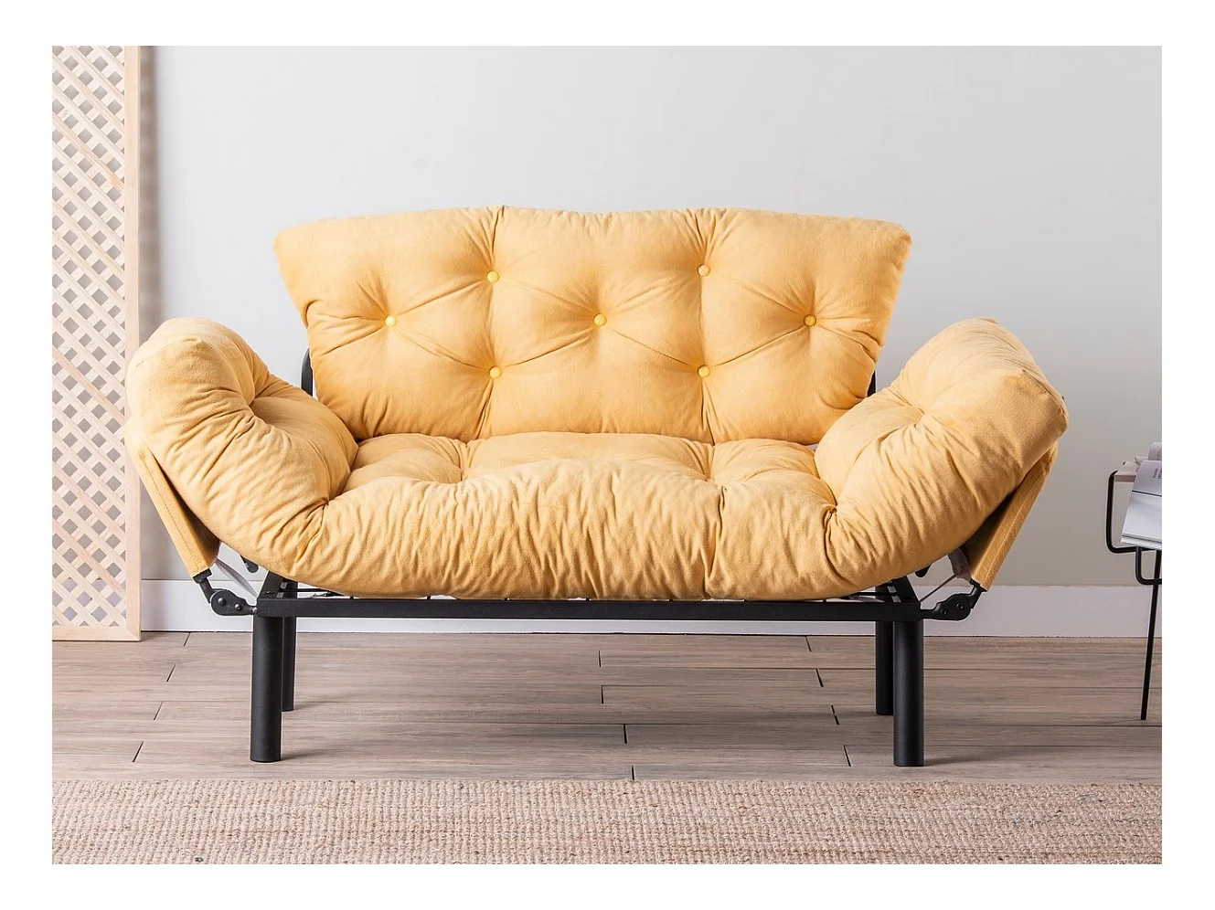 Canapé 2 places transformable en lit tissu jaune Pliaz 155cm